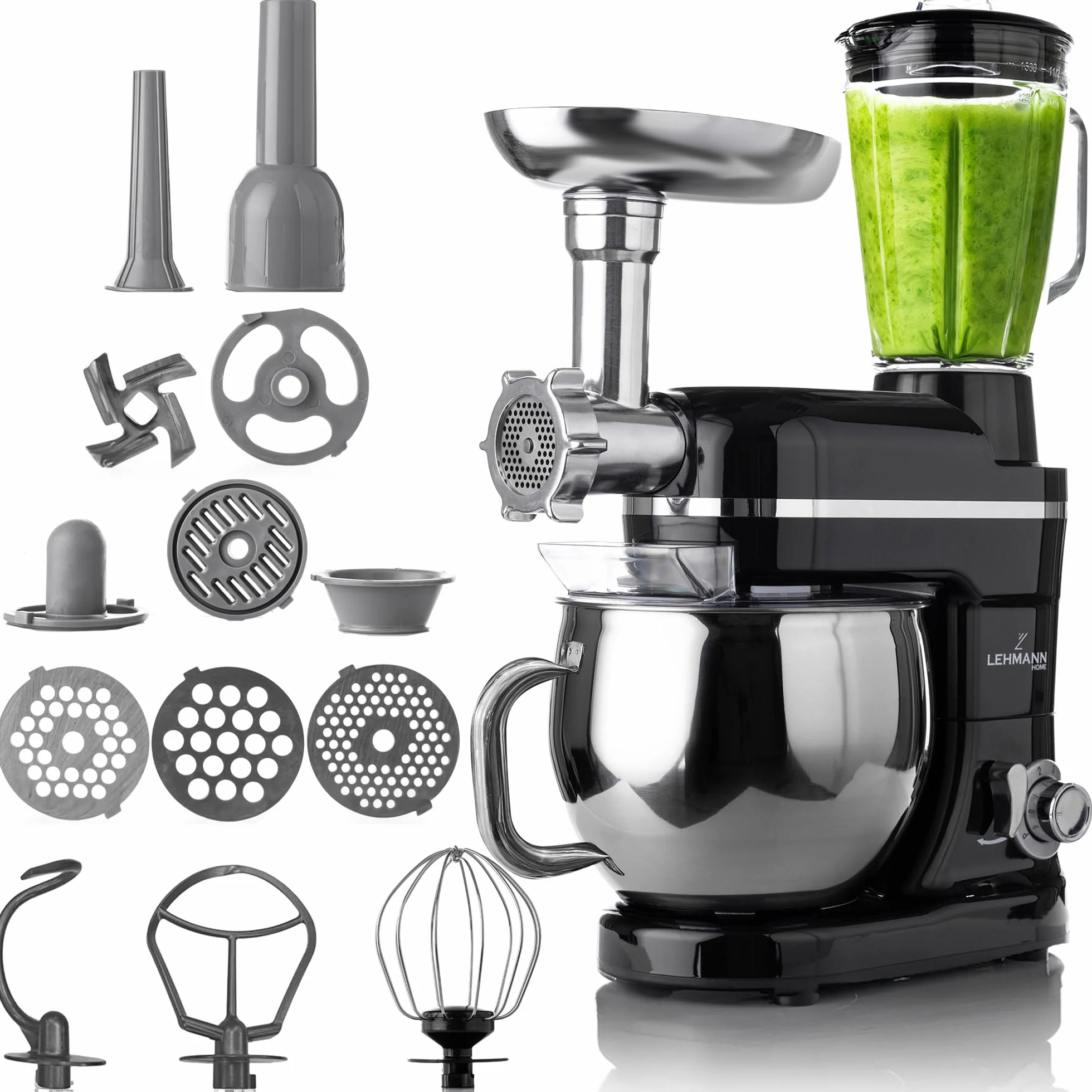 LEHMANN Robot De Cocina Multifuncion 3 en 1, Batidora Amasadora con Función Picadora De Carne y Batidora, 5.5L Bol, 1,5L Jarra, 6 Funciones de Regulación y Pulse, kit de Accesorios (Negro)