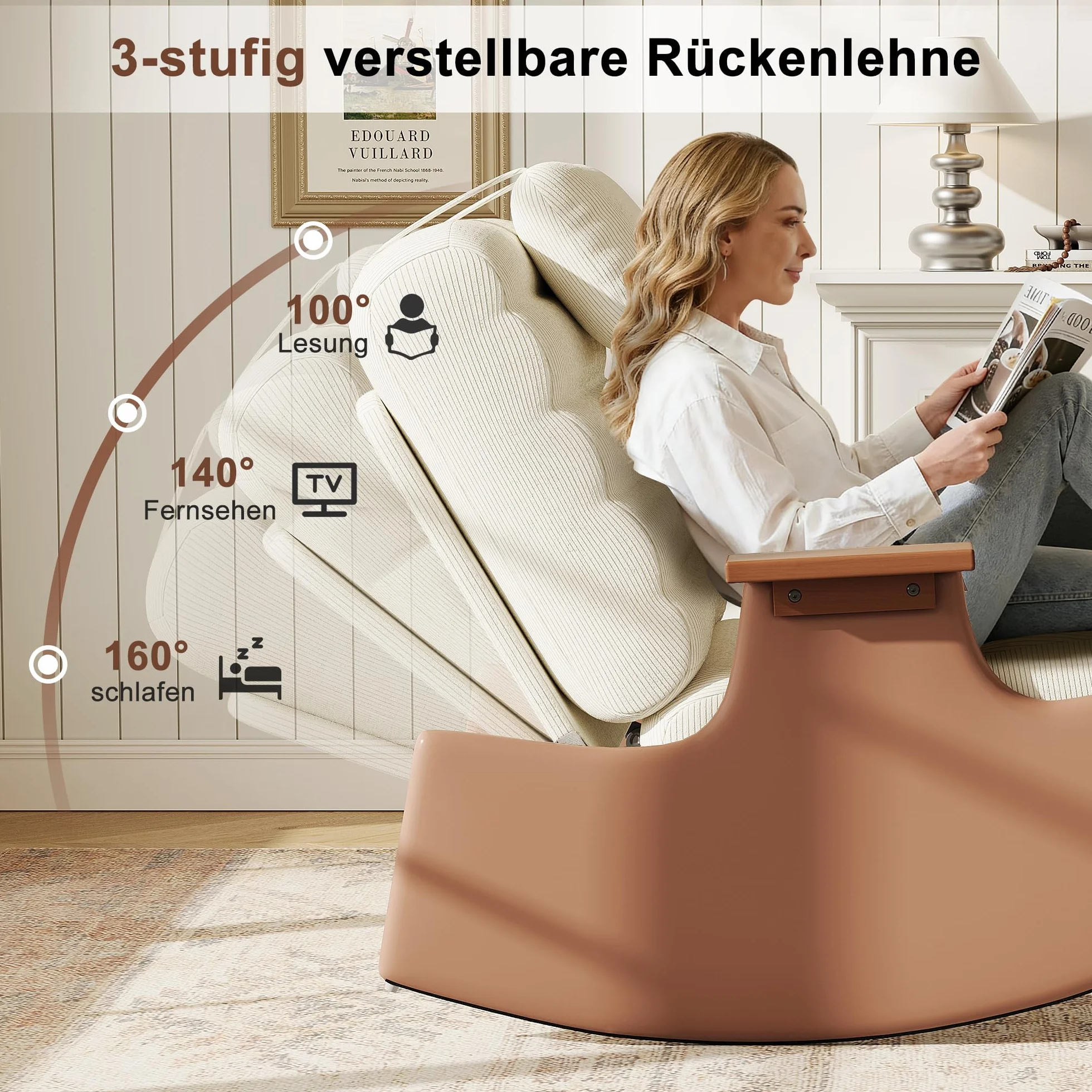 Mecedora con función reclinable y reposapiés, sillón Moderno de Relax con Respaldo Ajustable en 3 Niveles, sillón Mecedora Acolchado con reposacabezas y reposabrazos