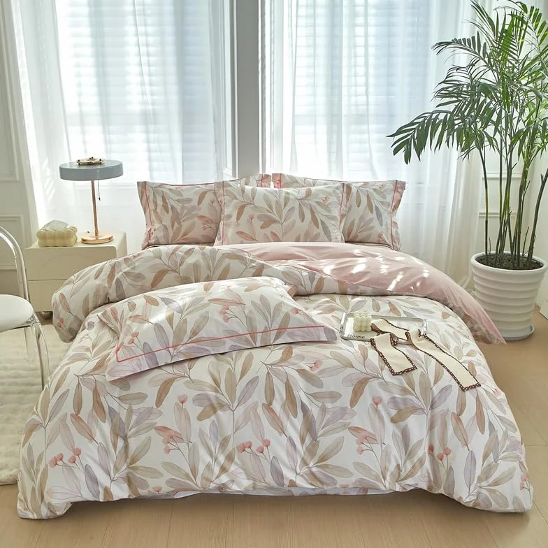 Funda nórdica floral de 3 piezas, 280 x 240 cm, con 2 fundas de almohada de 65 x 65 cm, diseño de hojas, 280 x 240 cm, microfibra suave y transpirable
