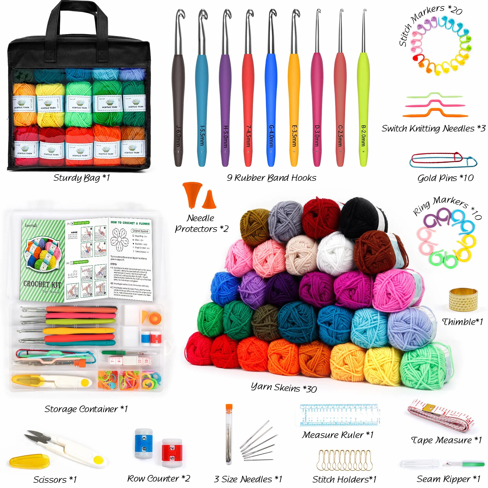 Kit de ganchillo con agujas de 103 piezas, paquete prémium que incluye bolas de hilo de 1509 m, agujas, accesorios, paquete de inicio ideal para niños, adultos, principiantes y profesionales.