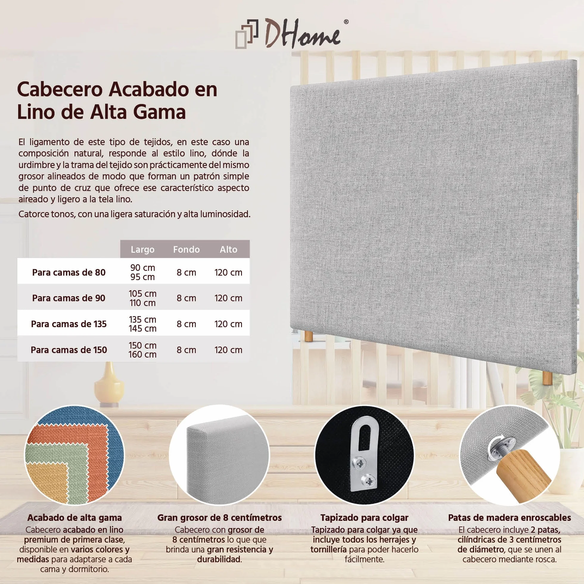 DHOME Cabecero de Lino Natural Liso hasta el Suelo con 8cm de Grosor Cabezal Tapizado Cama Dormitorio Moderno Top Trending (Gris Claro, 160cm (Camas 150))