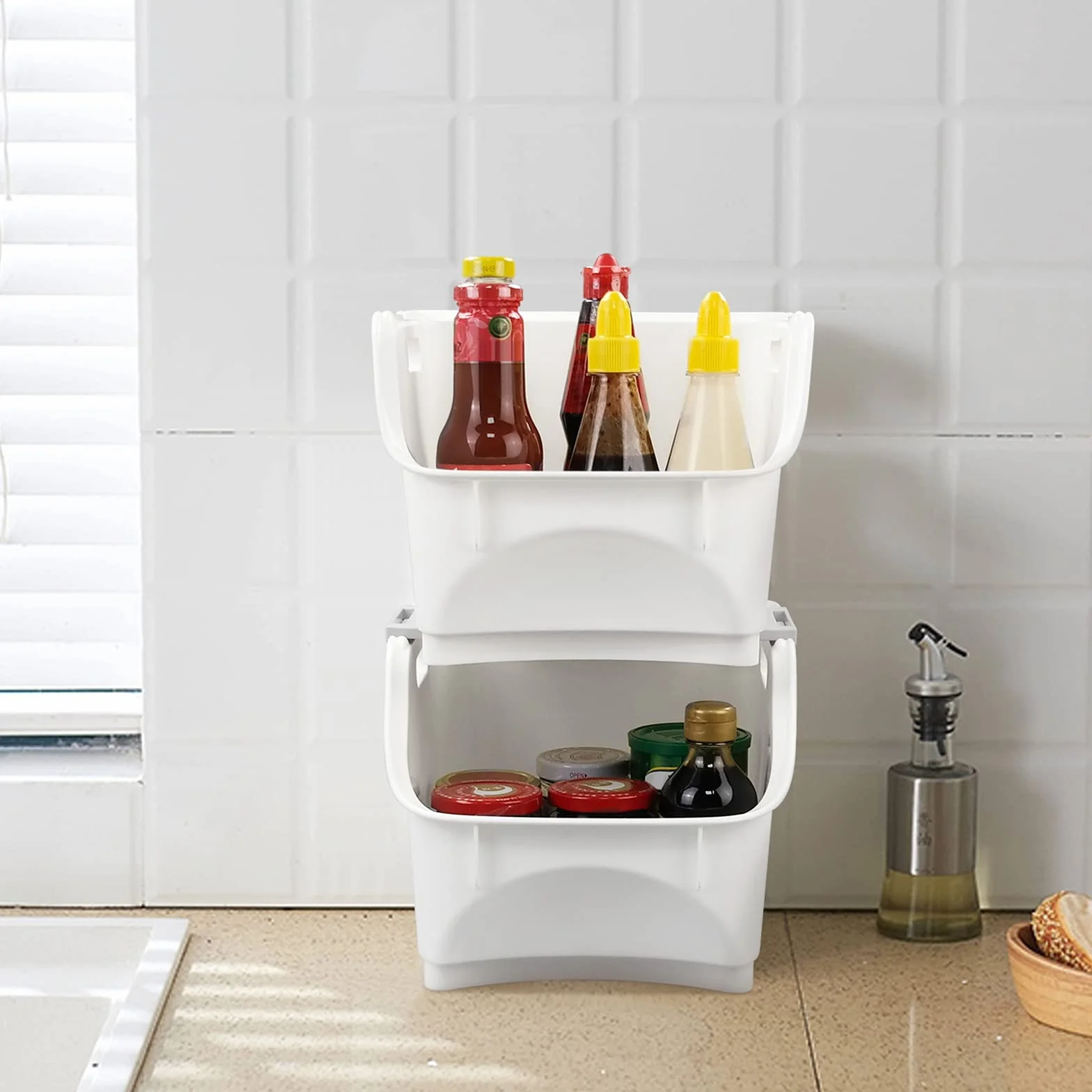 Cesta De Almacenamiento Apilable De Plástico, 3 Paquetes, Blanco