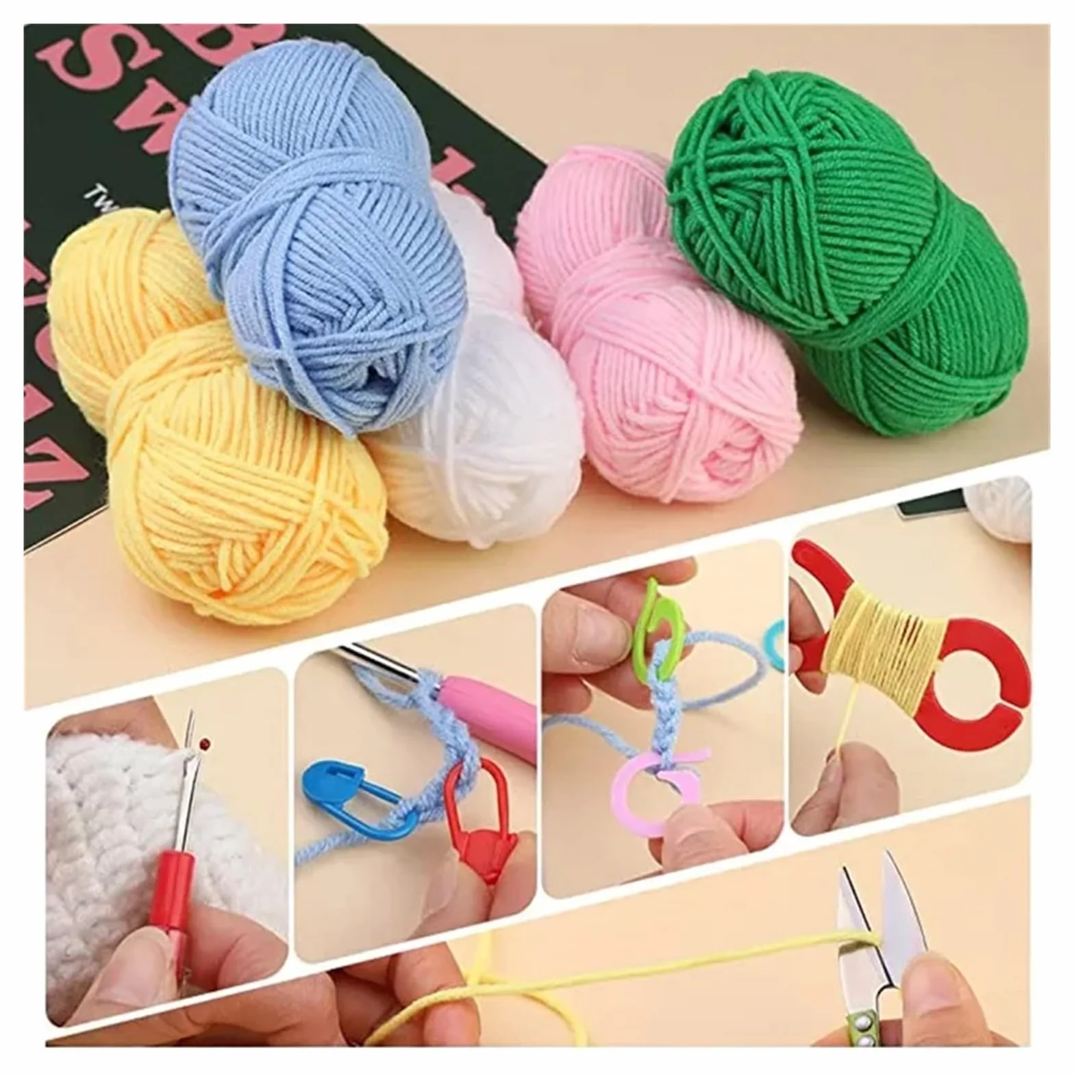 Kit Ganchillo Juego de bolsa de crochet portátil, herramienta for tejer lana, regla de costura, agujas, hilo, kit completo de material de crochet(107 pcs set)