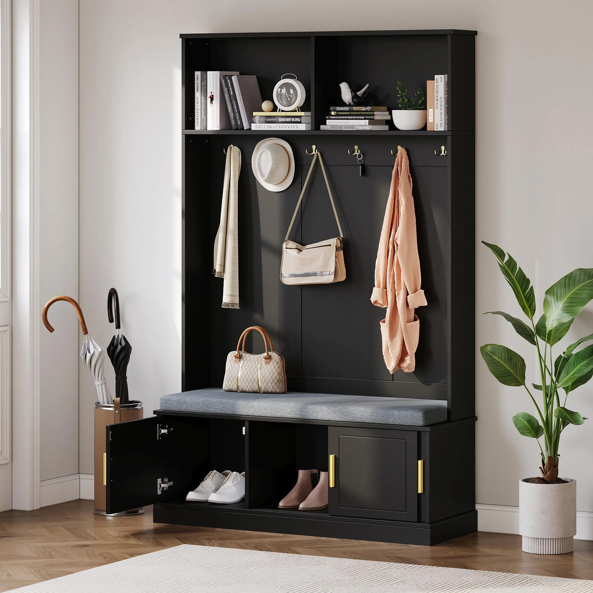 Moimhear Perchero con zapatero, 120 × 40 × 191 cm, 6 ganchos triples, independiente, para entrada, pasillo (negro)