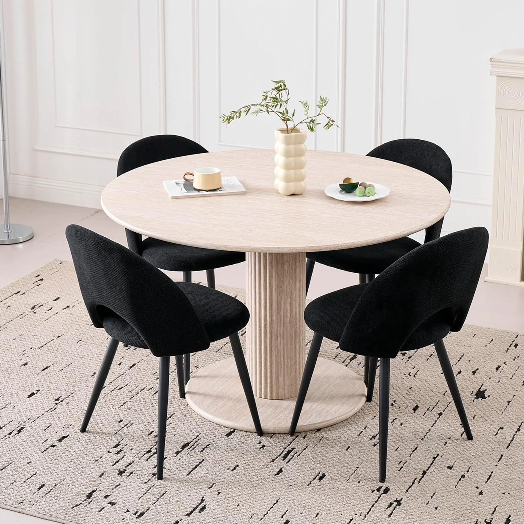 Juego de Mesa de Comedor Redonda con 4 Sillas, Conjunto Mesa (Textura de Travertino Amarillo) y Sillas de Comedor para Cocina, Restaurante y Oficina (Negro+Beige)