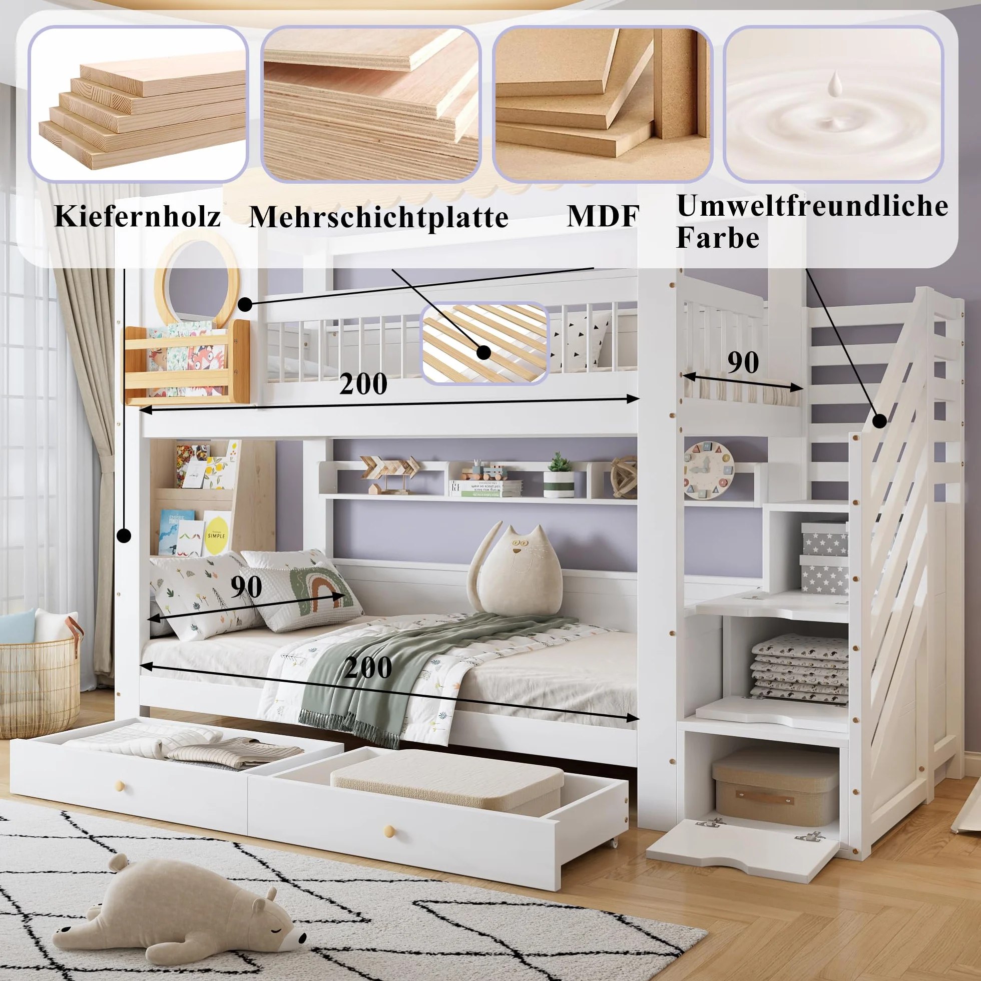 Dolamaní Cama infantil litera, 90 x 200 cm, litera para 2 niños y 2 cajones con ruedas, cama de casa con espacio de almacenamiento, escalera de madera de pino MDF, cama para niñas (sin colchón