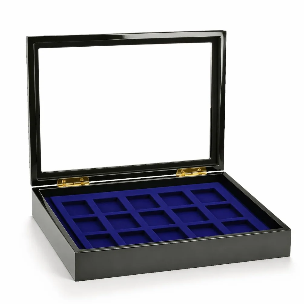 Safe 5901 Estuche de colección para 15 Compartimentos de encendedores ZIPPO | Inserto de Terciopelo Azul | Estuche con Cierre magnético Invisible | Dimensiones : 375 x 330 x 26 mm