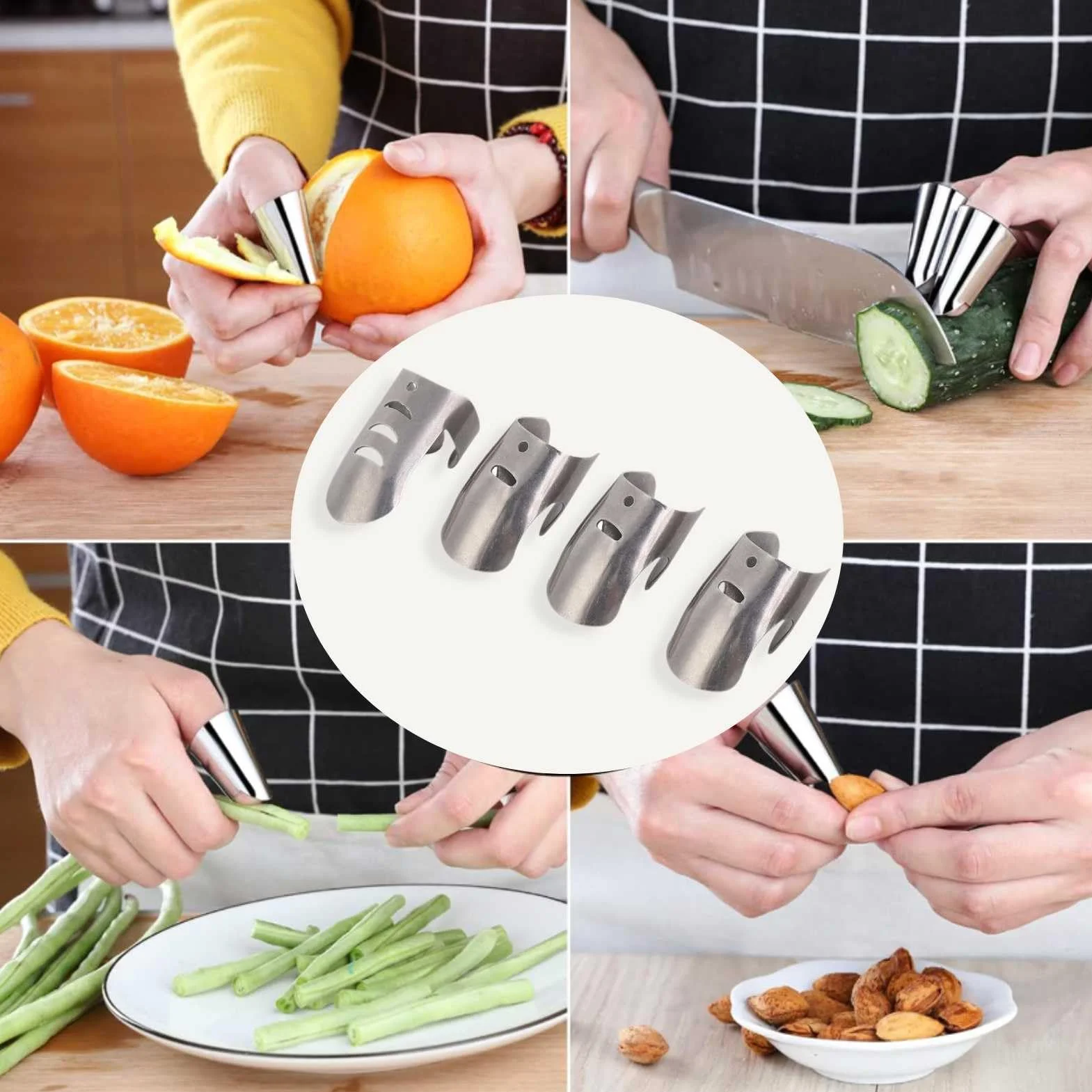 HERCHR 4Pcs Protección Anti-Corte para Manos, Protector de Dedos para Cortar Verduras, Herramienta de Cocina Acero Inoxidable