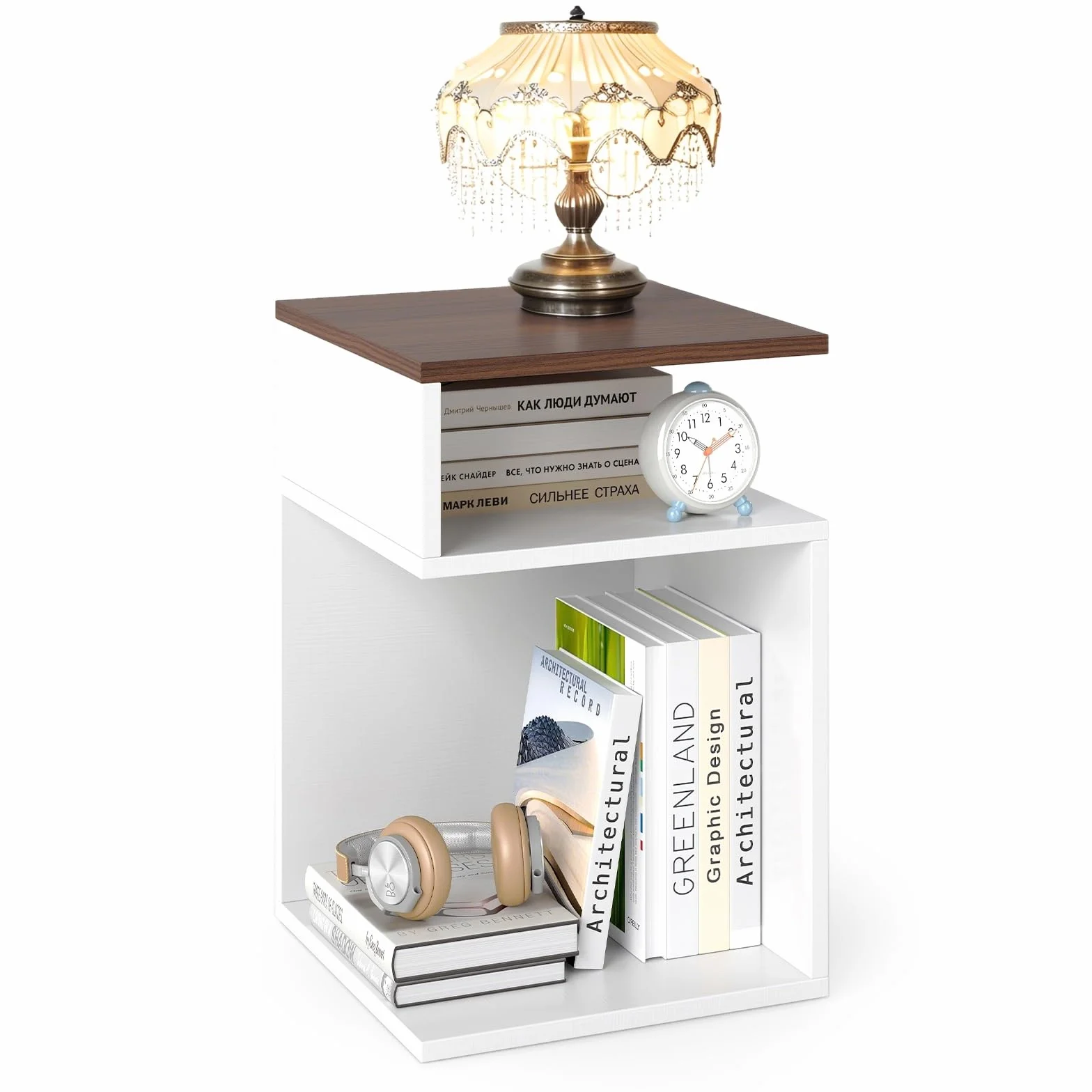 LIFEZEAL Mesita de Salón Baja Moderna, Mesa Lateral de Sofá en Forma de S, Mesa Auxiliar Decorativa de Café con 3 Estantes, de Madera, 33 x 33 x 50 cm (Color de la Nuez + Grano de Madera Blanca)