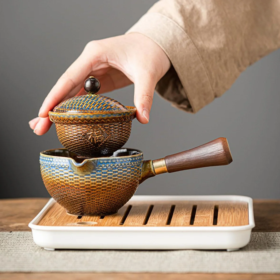 VALICLUD Juego de Té Diseño Elegante para Actividades al Aire Libre Tetera Giratoria de Cerámica y Taza Portátil para Viaje y Regalo para Aficionados al Té