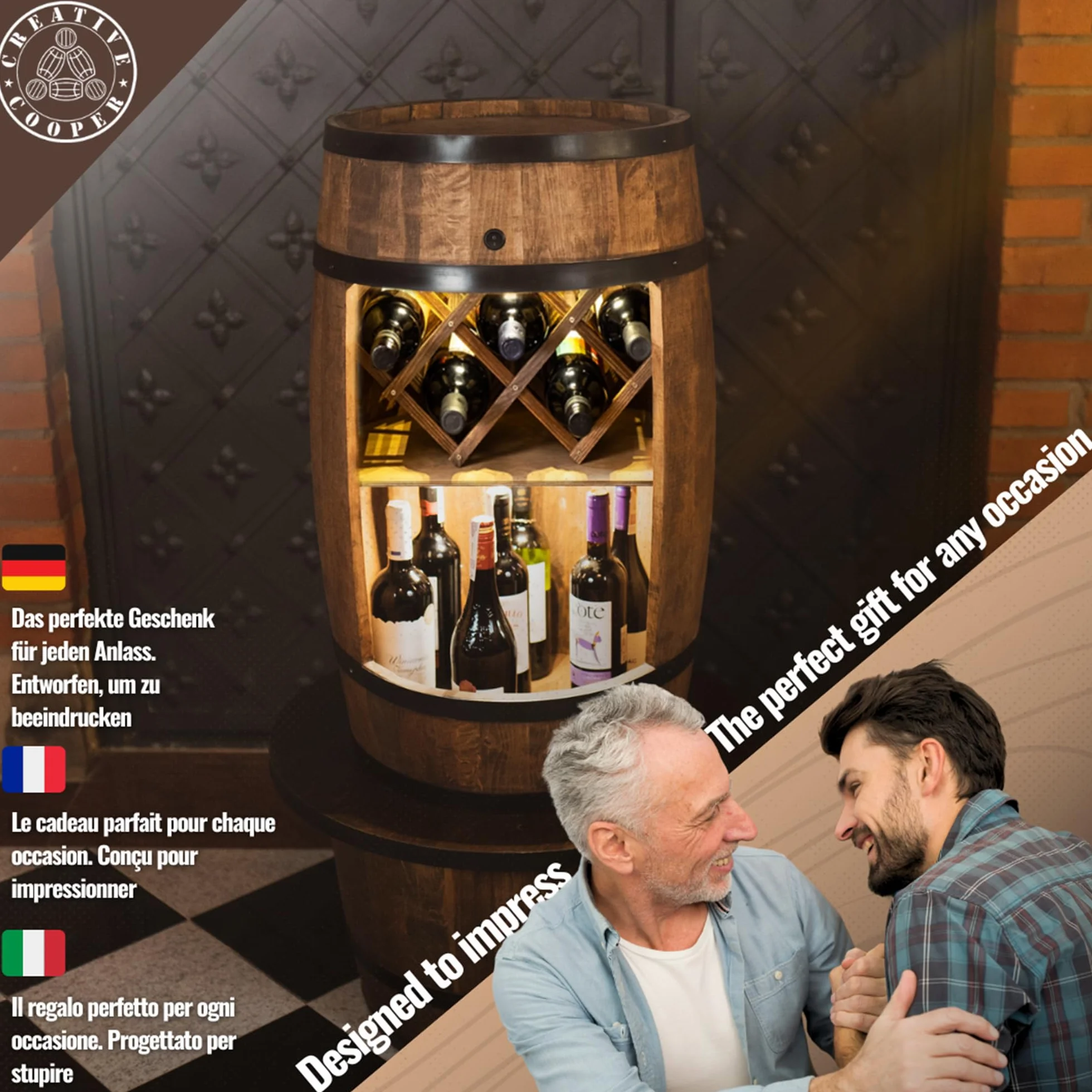 CREATIVE COOPER Barril con soporte para vino – Armario LED – Barril de madera – Bar de casa – 80 x 50 cm – Decoración rústica – Armario (marrón oscuro)