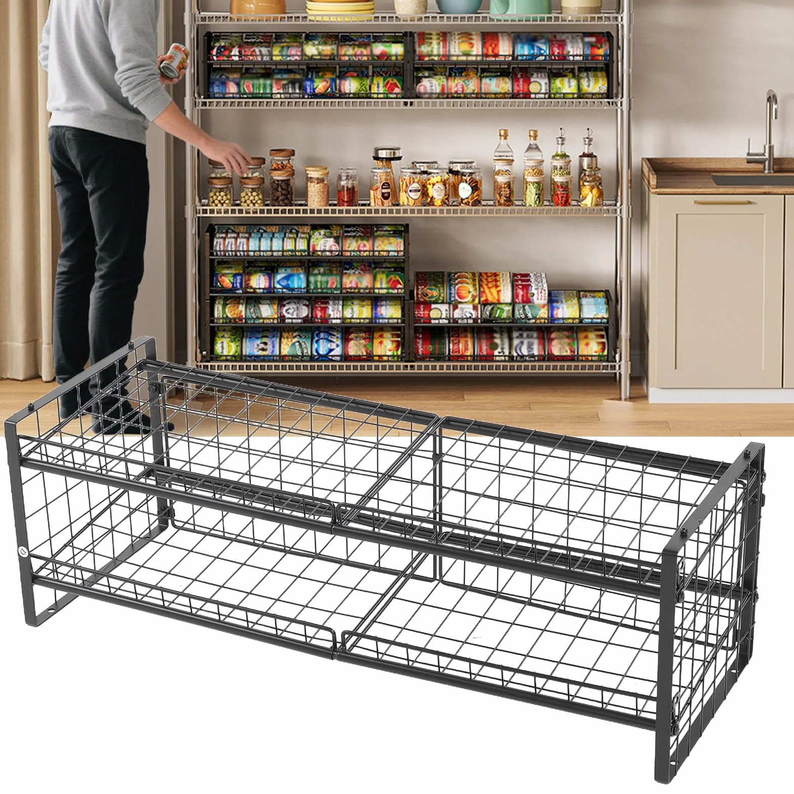 Cocoarm Organizador de Latas Apilable con Marco de Acero Al Carbono, Estante de Almacenamiento de Latas de 2 Niveles con Capacidad para 64, Ideal para Cocina y Despensa