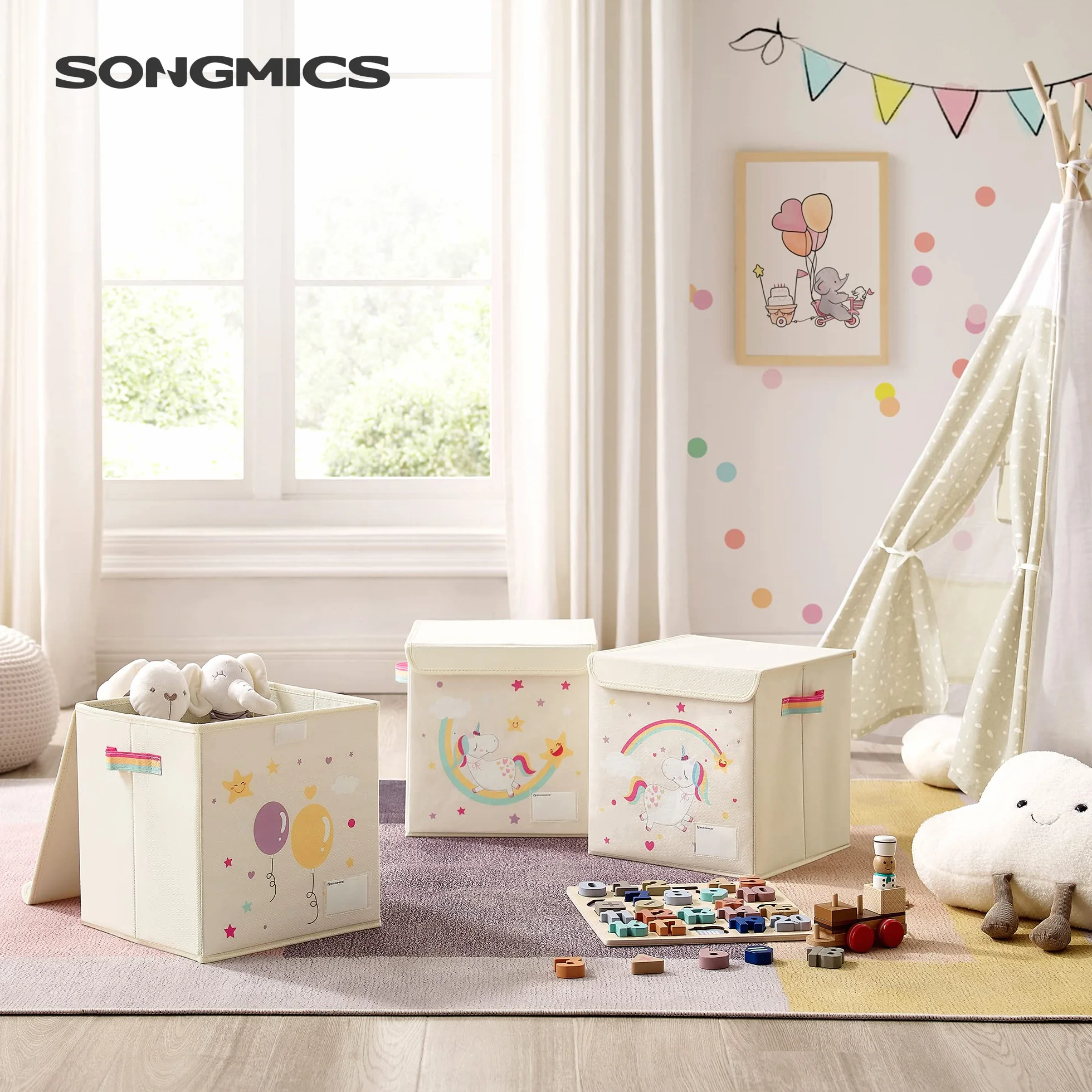 SONGMICS Juego de 3 Cajas de Almacenamiento con Tapa, Cubos Plegables 30x30x30 cm, Organizador de Juguetes, Beige