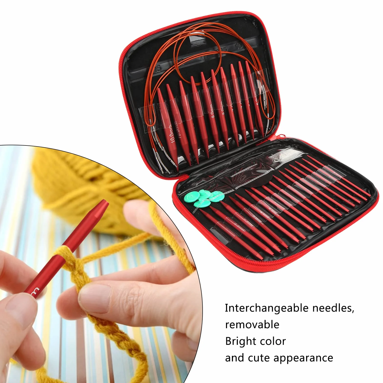 Juego de agujas de tejer circulares intercambiables, 26 agujas de ganchillo intercambiables de aluminio con 1 estuche de almacenamiento, varios tamaños disponibles, kit de agujas de tejer desmontables