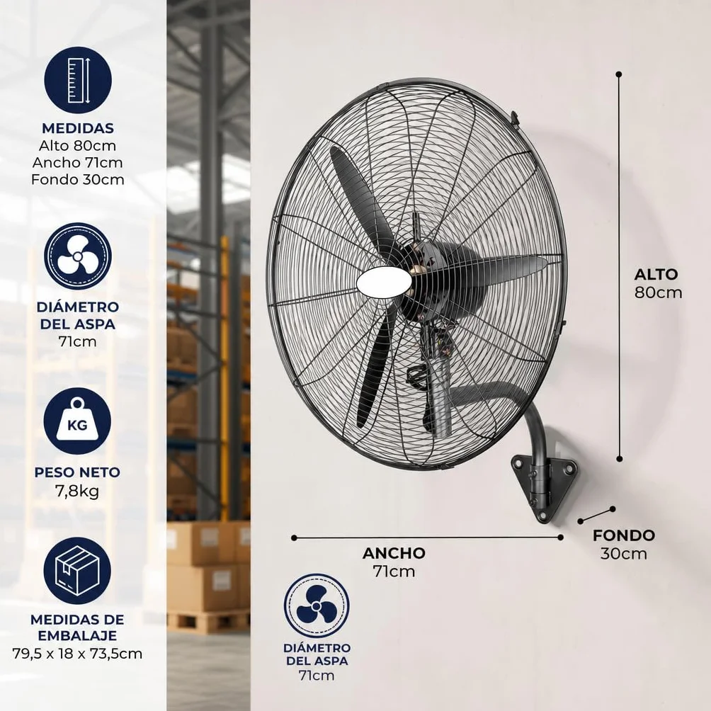 Ventilador Industrial Pared Negro Metal | Oscilante, Orientable y Ajustable | 3 Velocidades, 3 Aspas, Silencioso | Almacenes, Gimnasios, Talleres, Fábricas | Ø71cm | 240W | Protección calentamiento