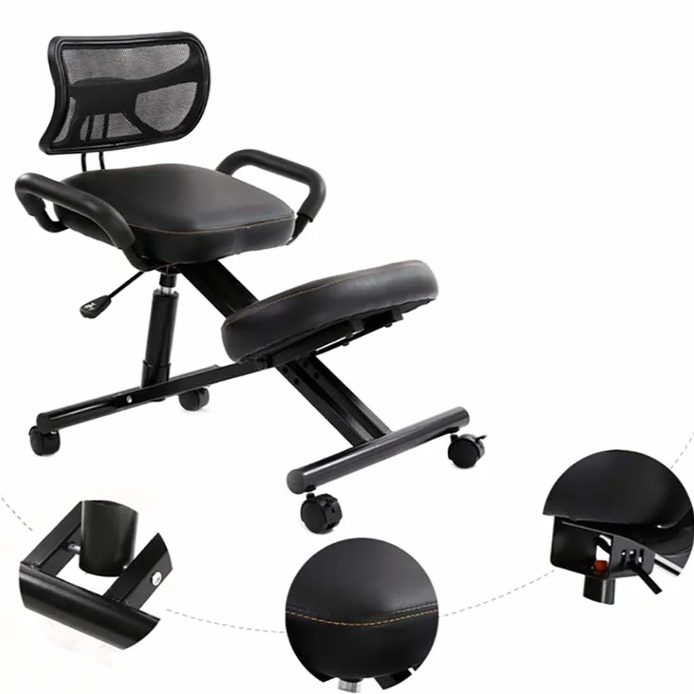 Ergonómico Silla De Rodillas, Gruesas Asiento Almohadilla con Asiento Trasero Ortopédico Manual Ajustar Rolling Ajustable Taburete para Una Mejor Postura.-Black PU Faux Leather