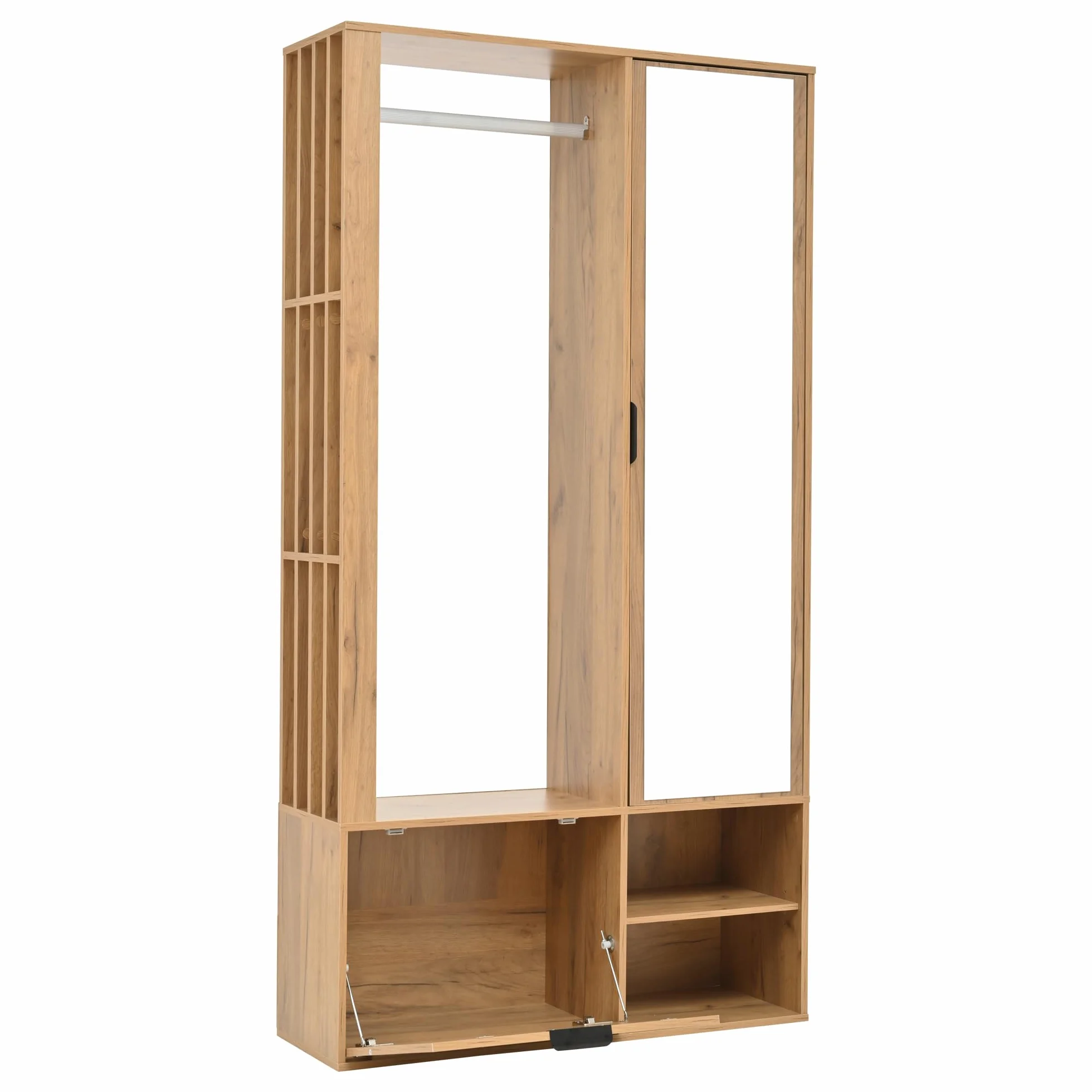 MURUL Armario 6 en 1, 100 x 33 x 190 cm, natural, con espejo, tendedero y puerta, armario de pasillo de 100 cm de ancho para colgar abrigos