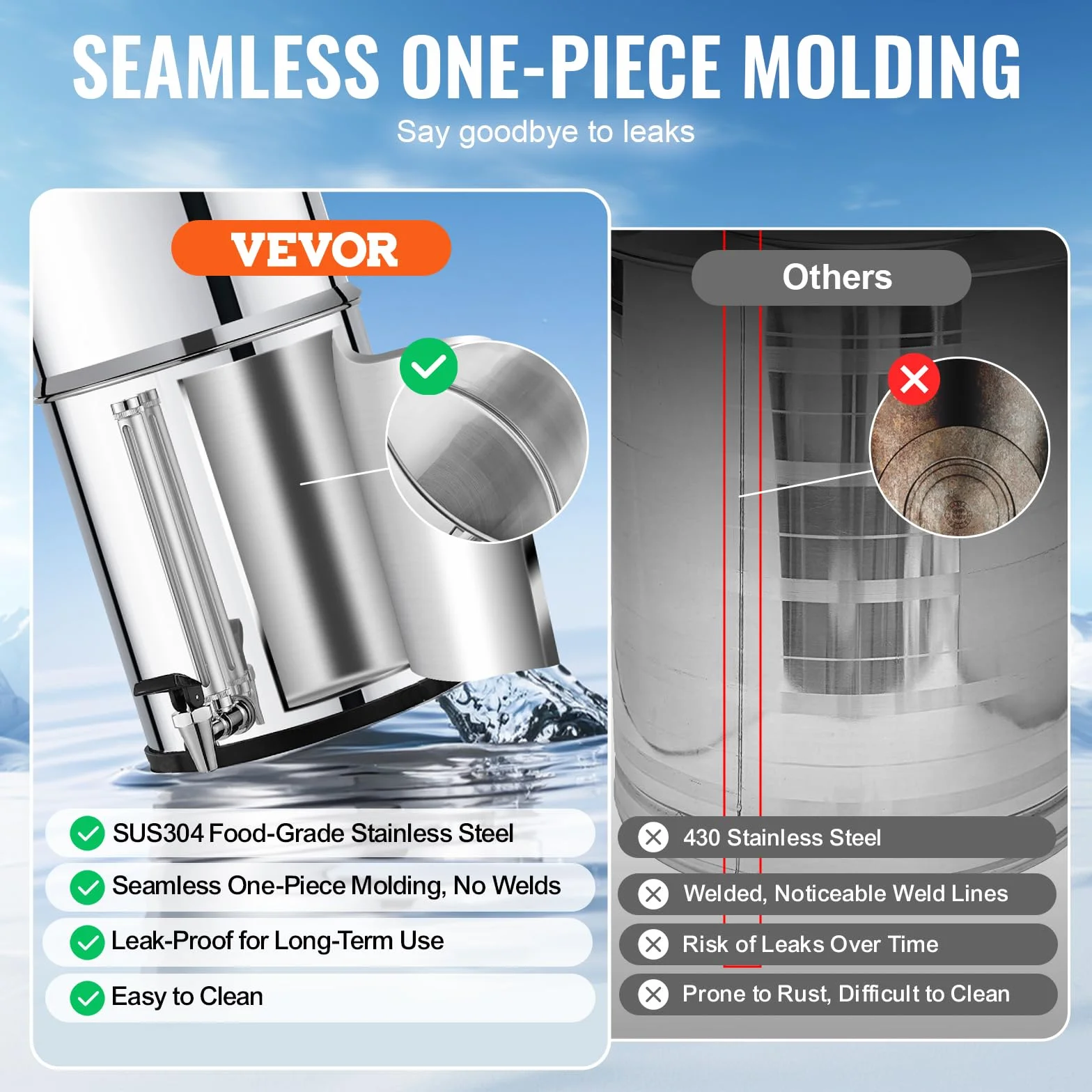 VEVOR Sistema de Filtración de Agua por Gravedad 7,5 L Sistema de Encimera Acero Inoxidable Reduce Plomo y hasta 99% de Cloro con 2 Filtros de Carbón Activado, 2 Filtros de Desfluoración, Grifo