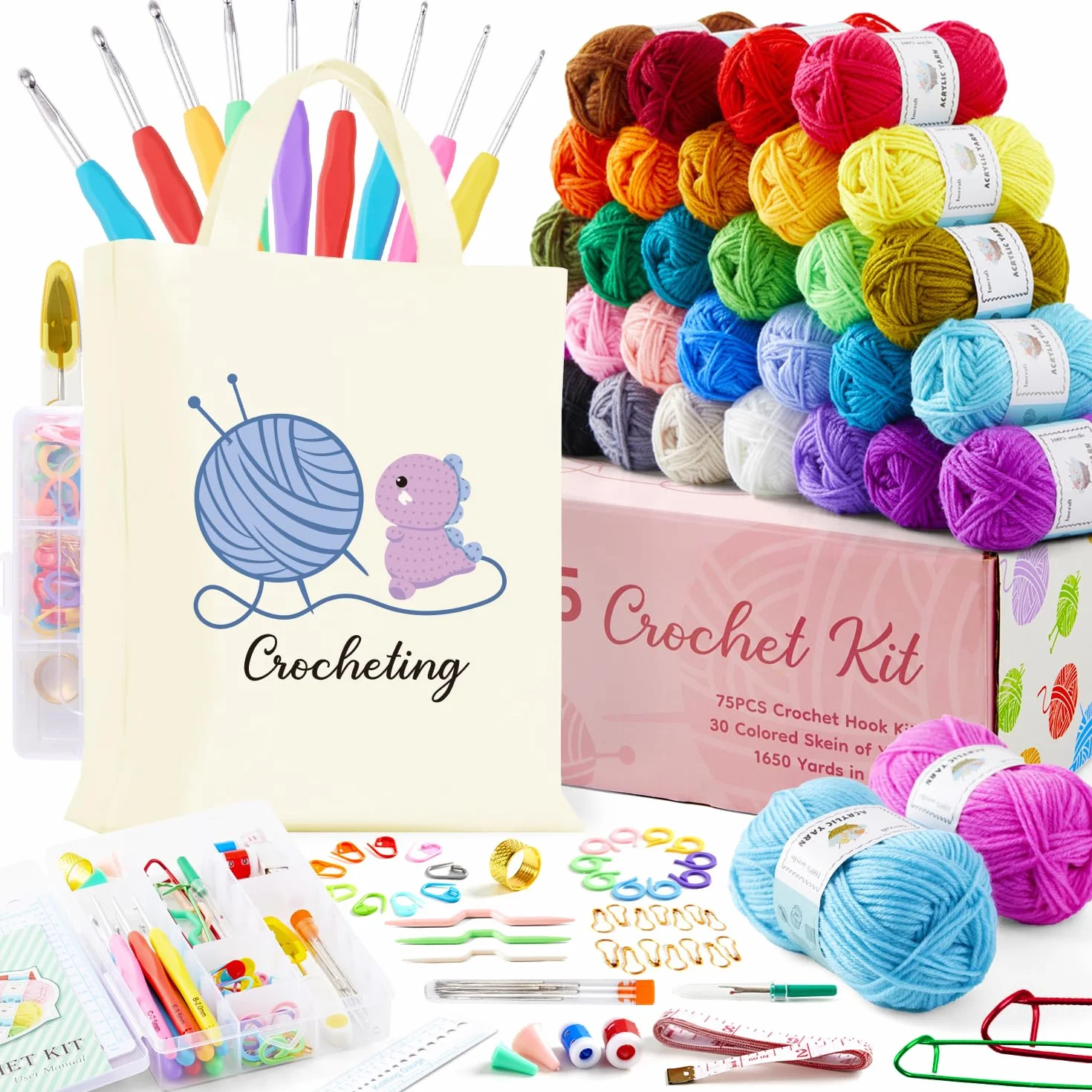 INSCRAFT Kit de ganchillo para adultos principiantes, 30 madejas de hilo acrílico de 1650 yardas, kit de ganchillo de 105 piezas con ganchos, incluye bolsa de lona, paquete de inicio ideal para niños