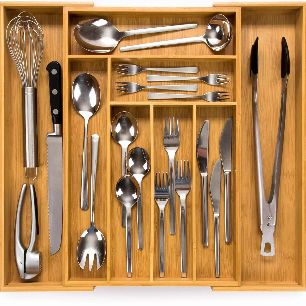 Bandeja para Cubiertos Extensible de Bambú 47 cm, Organizador de Cubiertos Ajustable para Cajón