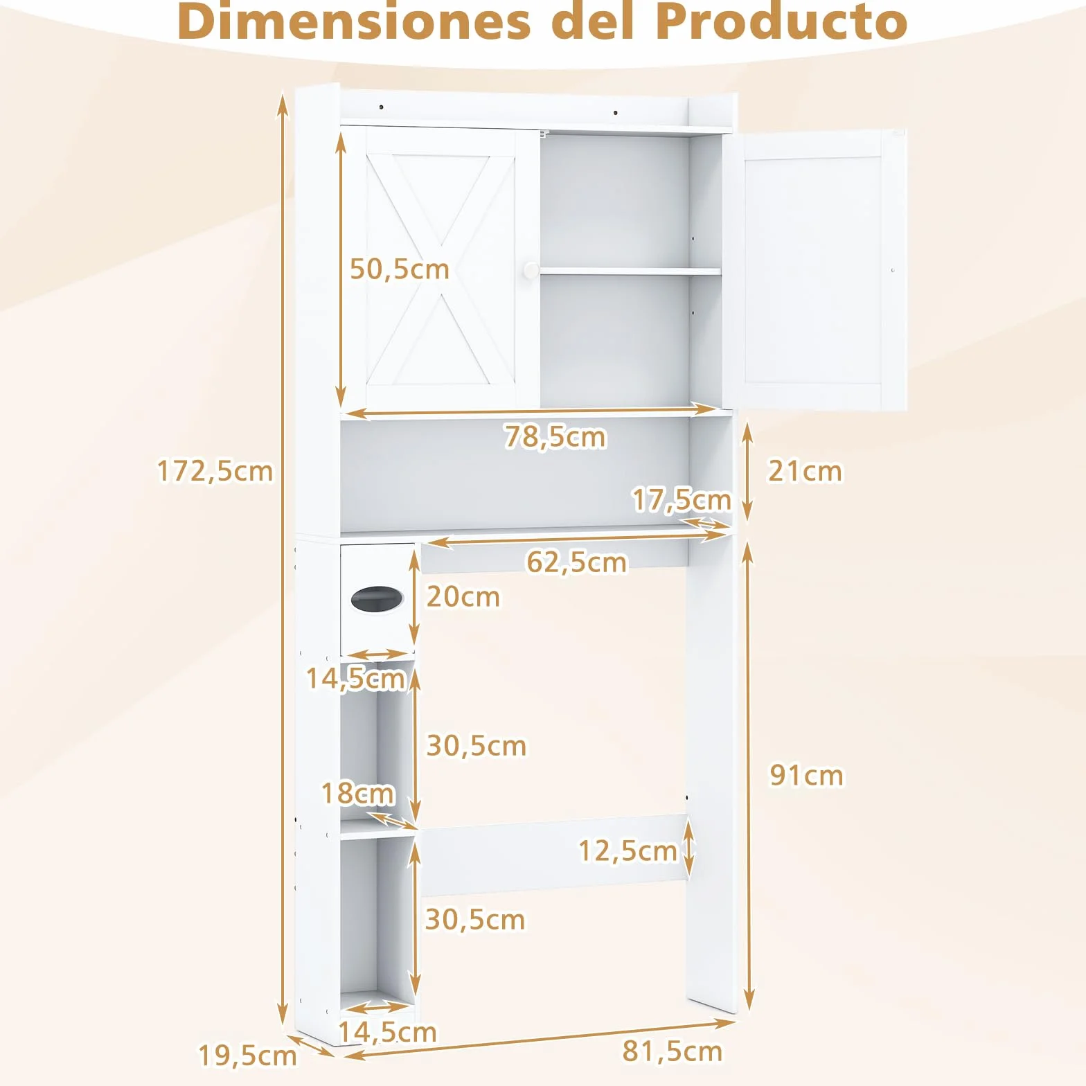 GIANTEX Mueble sobre Inodoro, Armario de Baño con Puertas, Compartimentos Abiertos y Soporte para Papel Higiénico, Estante Inferior Ajustable, 81,5x19,5x172,5cm, Organizador para Lavandería (Blanco)