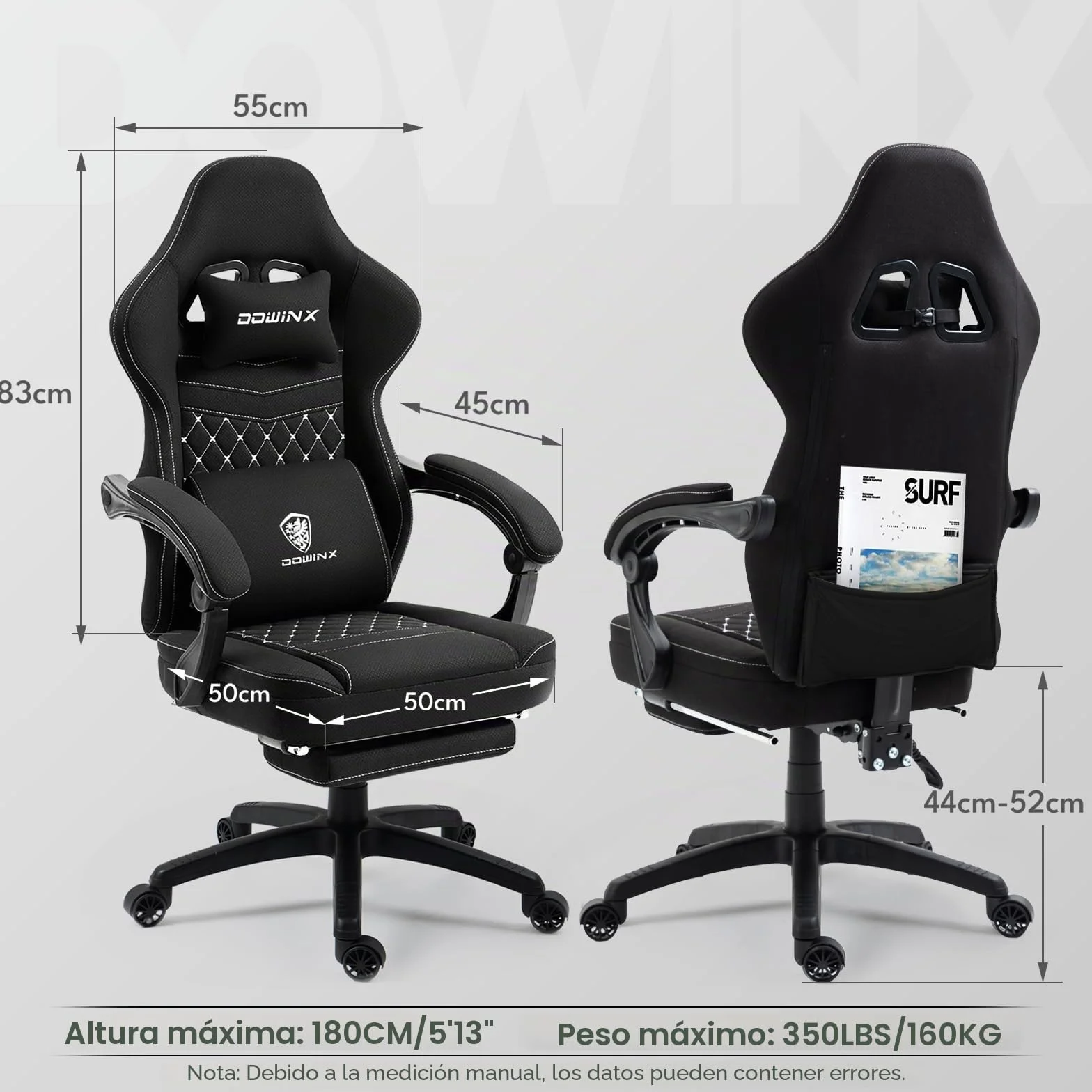 Dowinx Silla Gaming de Tela con Reposapiés Abatible y Extraíble, Silla Ergonómica para Oficina con Cojín de Gel y Muelles Ensacados, Silla Gamer Reclinable con Soporte Lumbar, para Adultos, Negro
