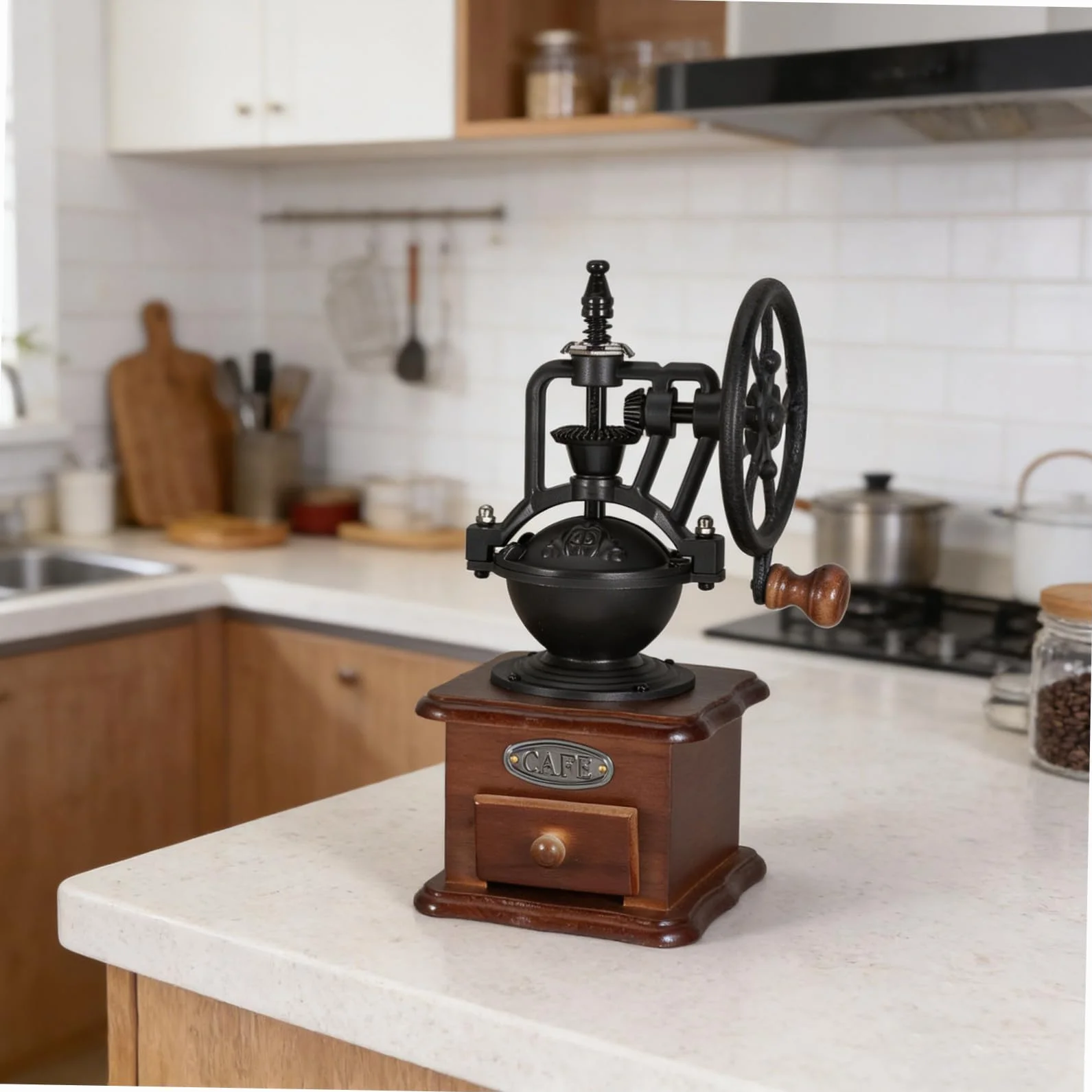 SHINEOFI Molinillo de Café Manual Vintage Manivela de Madera, Mecanismo Cerámico Lavable, Tamaño Compacto para Granos de Café en Grano, Adecuado para Uso Doméstico y Portable