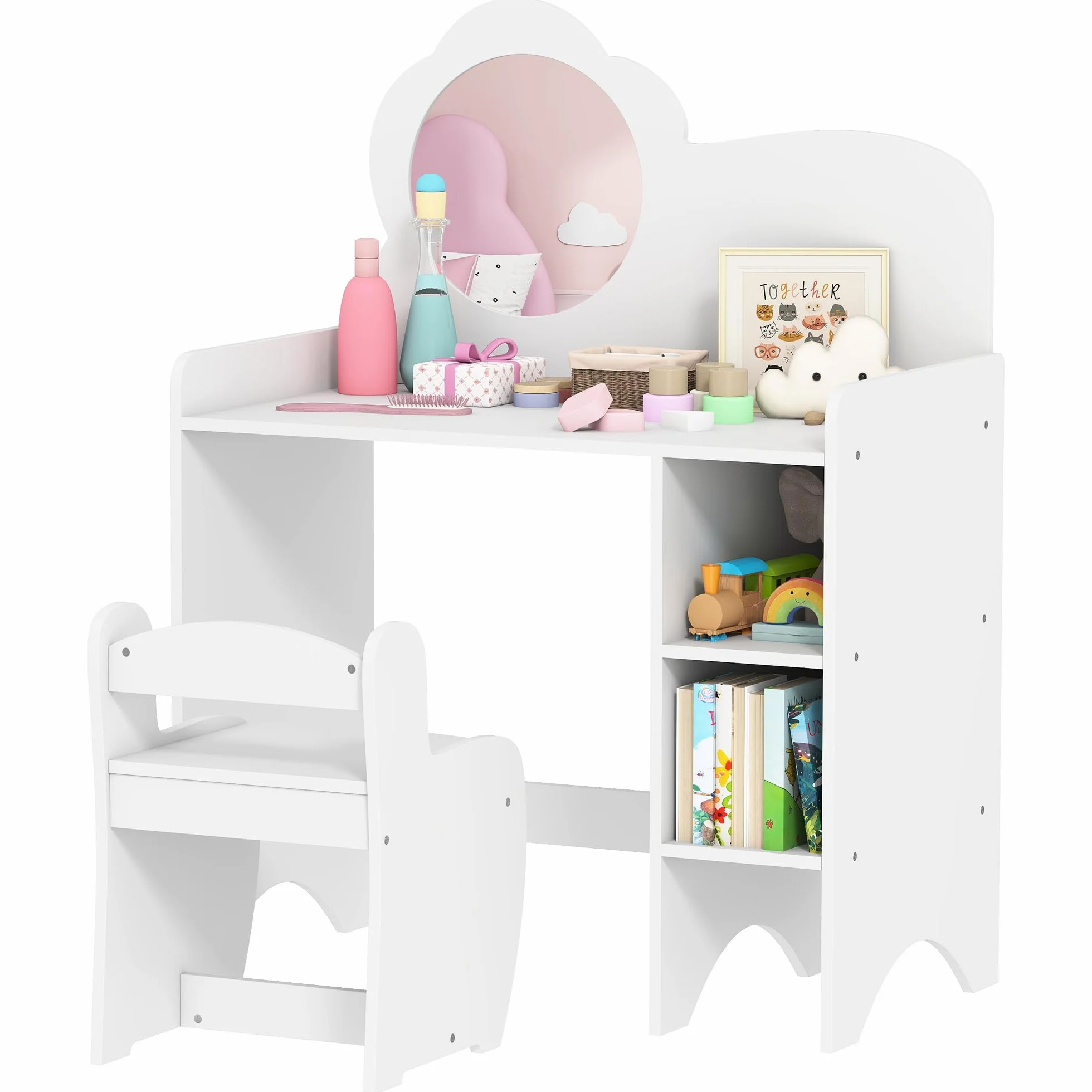 AIYAPLAY Tocador de Maquillaje Niña 2 en 1 Escritorio con Taburete Espejo Flor Estantes Abiertos Blanco