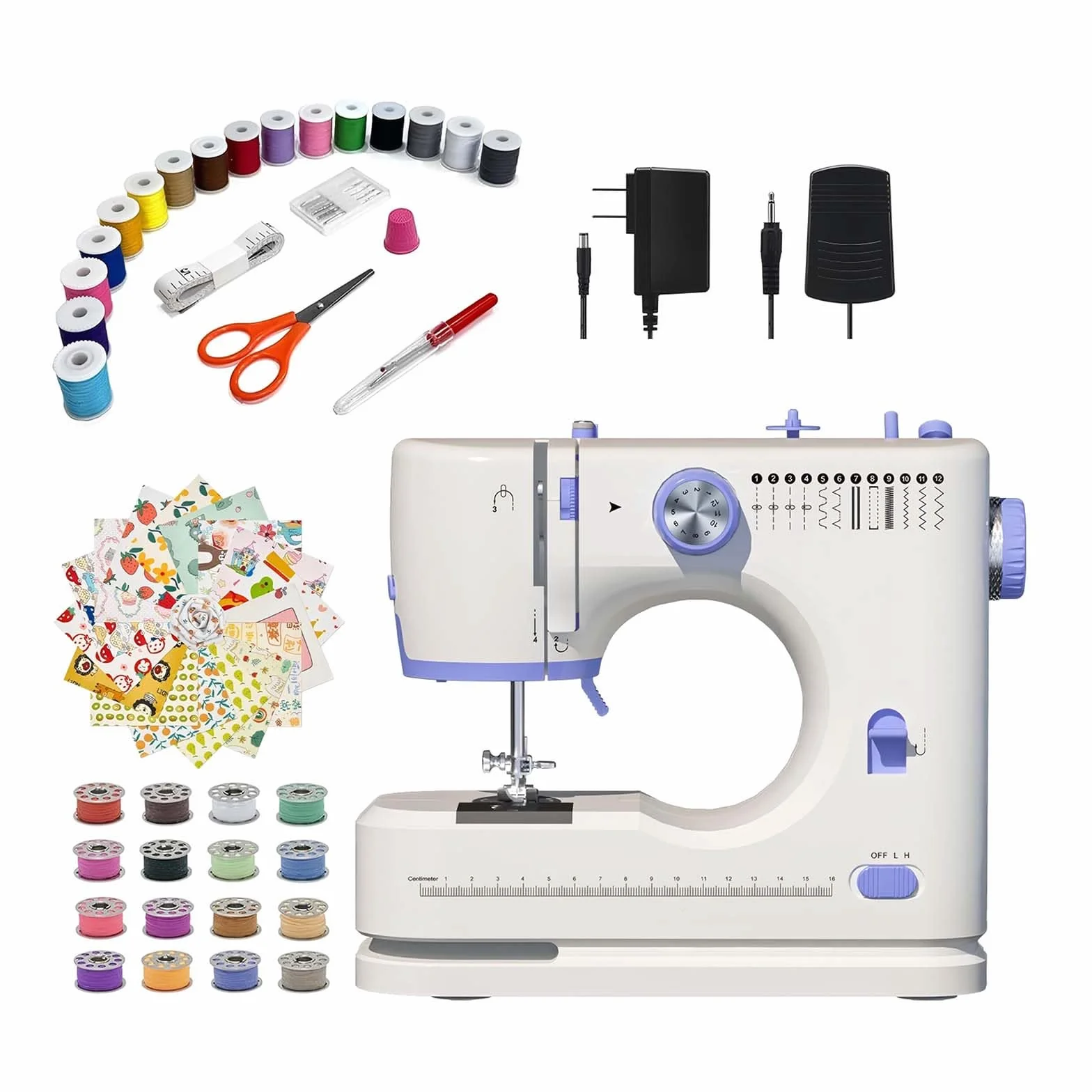 Stoigeld - Máquina de coser para principiantes con 20 piezas de tela y 32 piezas. Agujas 10 piezas/1 bolsa. Kit de hilos de coser, máquina de coser portátil con 12 puntadas integradas y 2 velocidades