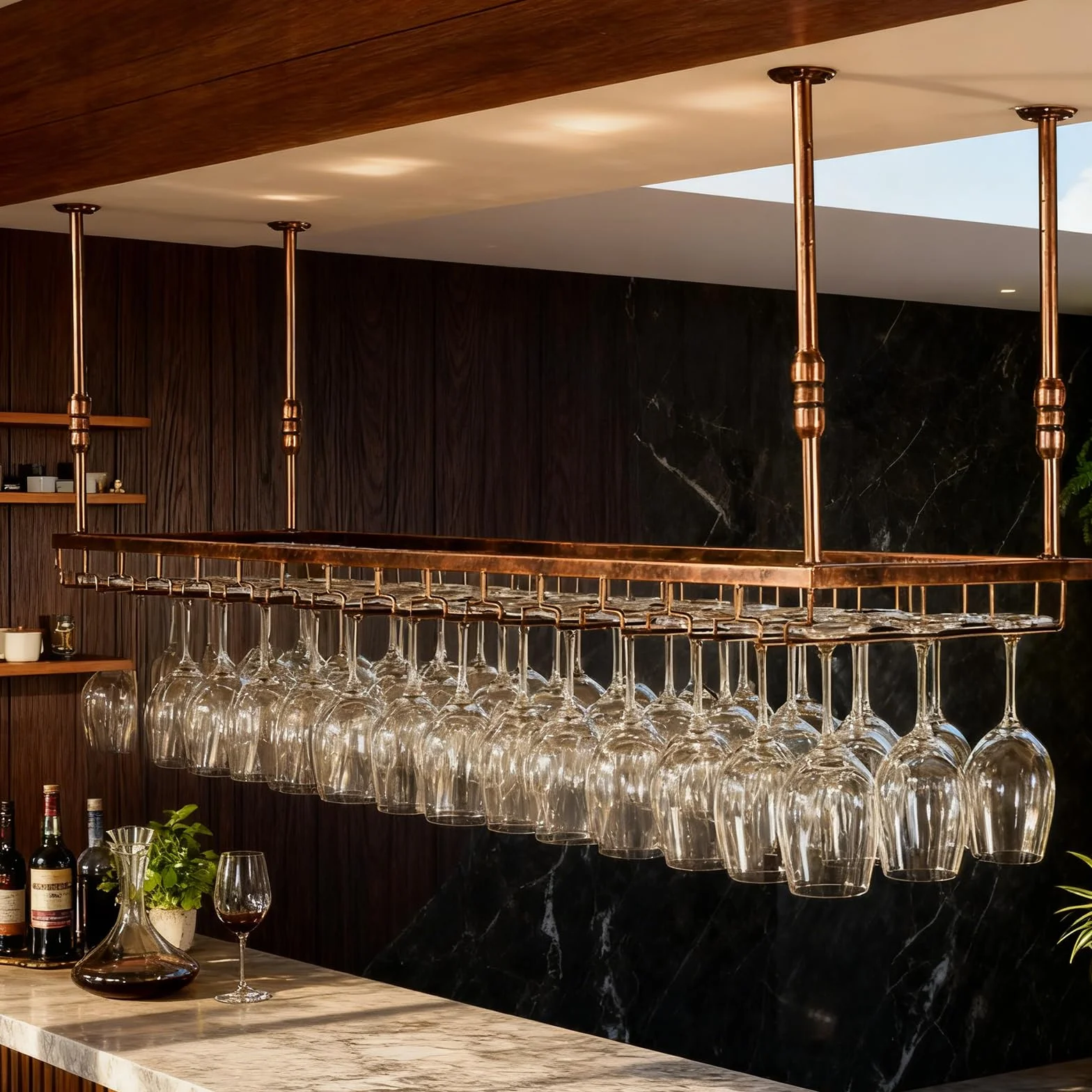 120cm Soporte para Copa de Vino Colgante de Metal, Altura Ajustable Colgador de Copas de Techo para Bar, Colgador Copas con Invertido Tallo para Barra Bar/Club (BN, 120x40x(30-60) cm)