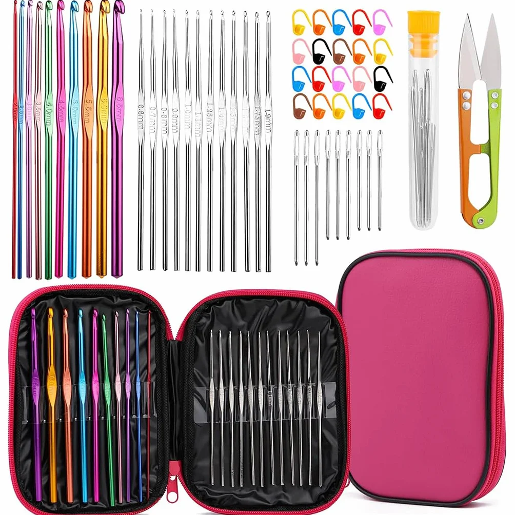 Juego de 54 agujas de ganchillo de aluminio, kit de ganchos de ganchillo ergonómicos con estuche de almacenamiento, juego de agujas de ganchillo, marcador de puntada, manualidades, herramientas de