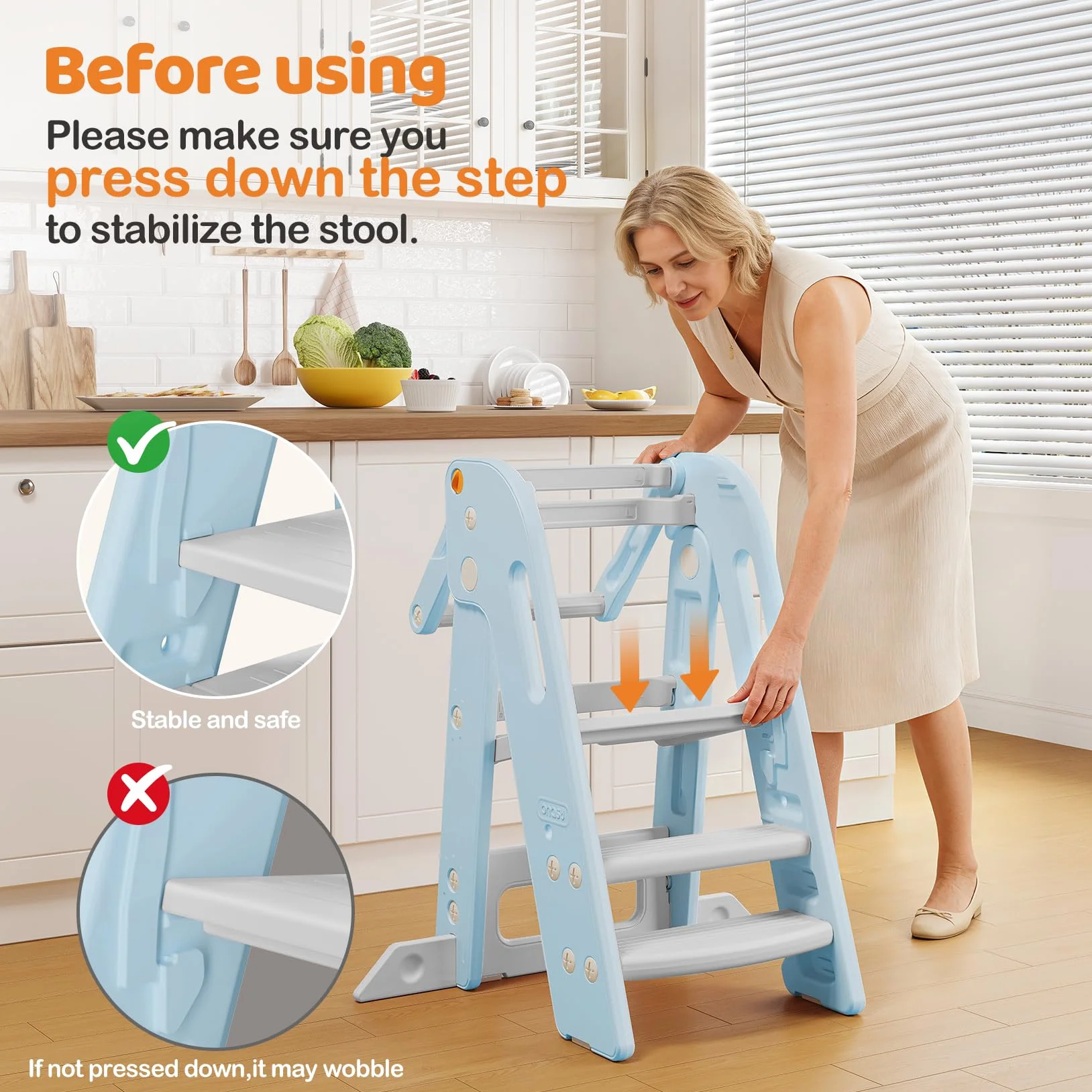 Onasti Torre de Aprendizaje Montessori Plegable Ajustable 2-3 Escalones Azul