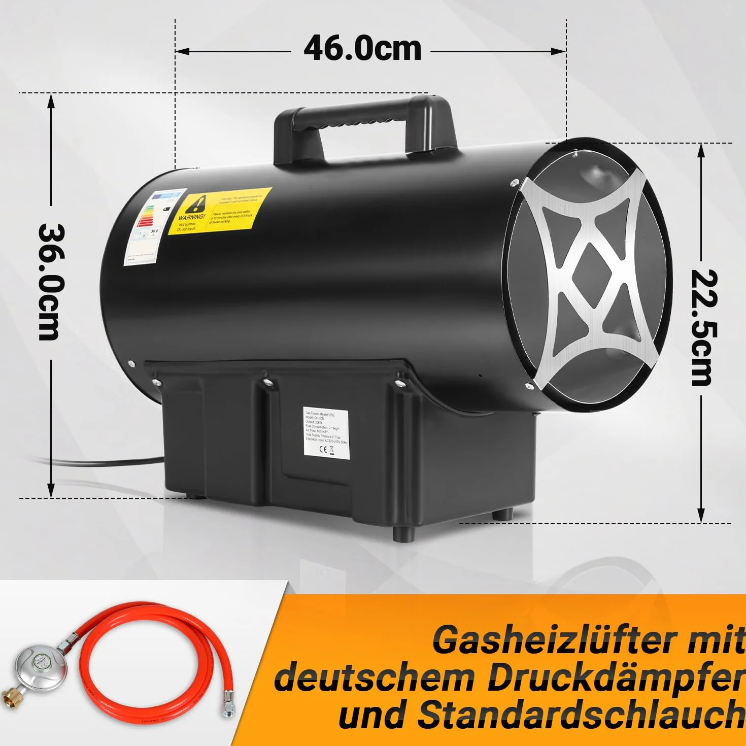 Calefactor de gas de 30 kW con manguera de conexión y regulador de presión de gas de 700 mbar, superficie efectiva: 450 m², para obras, almacenes ventilados, garajes, etc