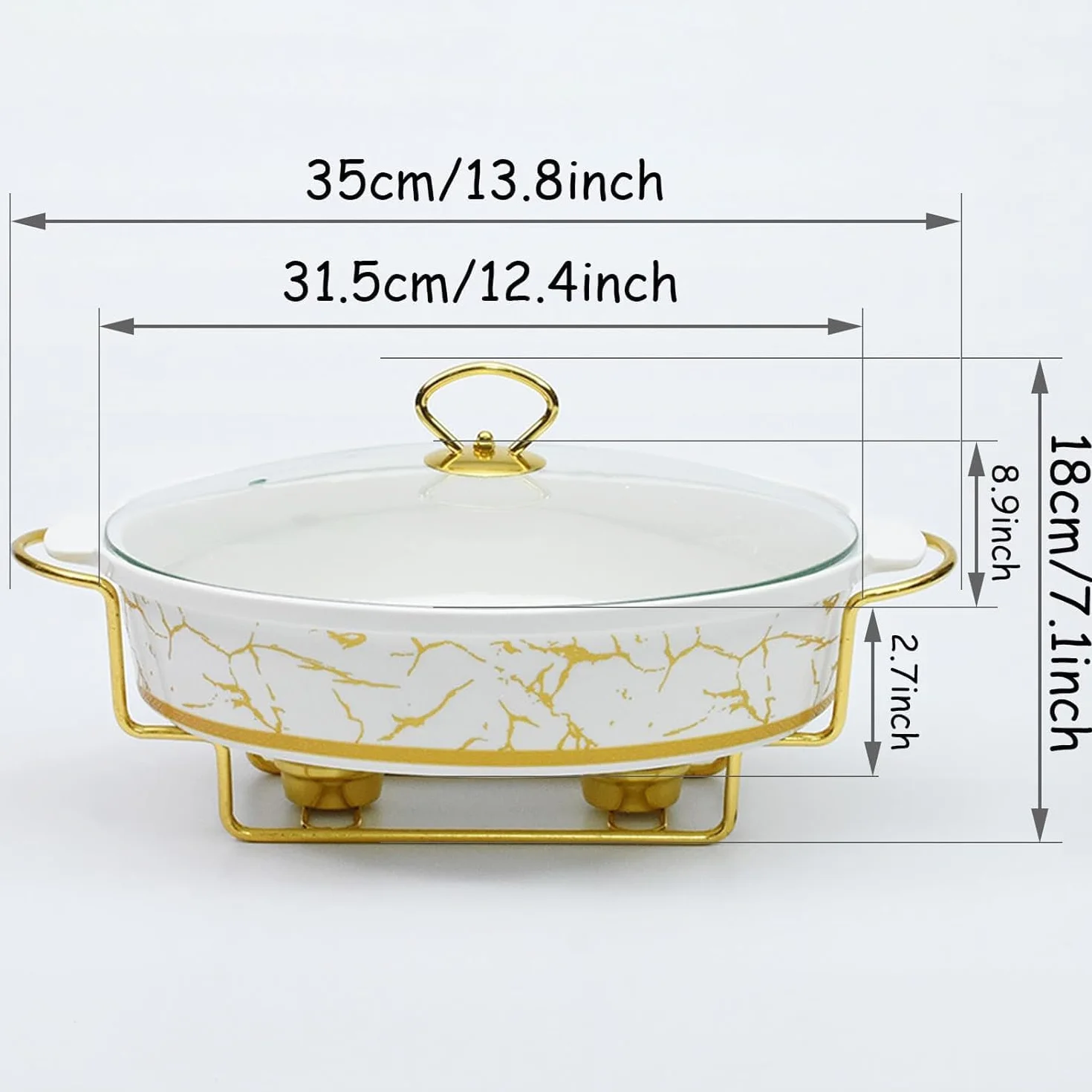 Elegante Juego De Calentadores De Cerámica, con Acabado De Mármol, Tapas De Vidrio Y Detalles Dorados, Vajilla Duradera para Fiestas Y Eventos Gastronómicos. 2L