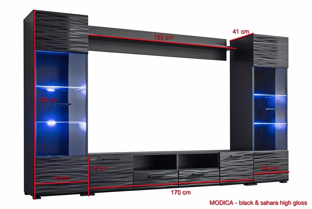BIM Furniture MODIC Mueble de Pared 260 cm Conjunto de Salón Vitrina Mueble Bajo Negro Alto Brillo LED