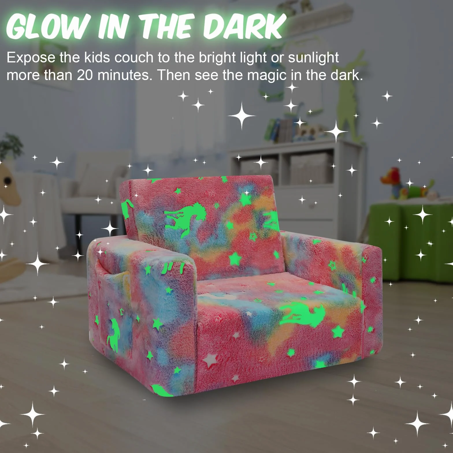 SLIGUY Sofá Plegable Niños Convertible Tumbona Brillante Oscuridad Unicornio Rosa