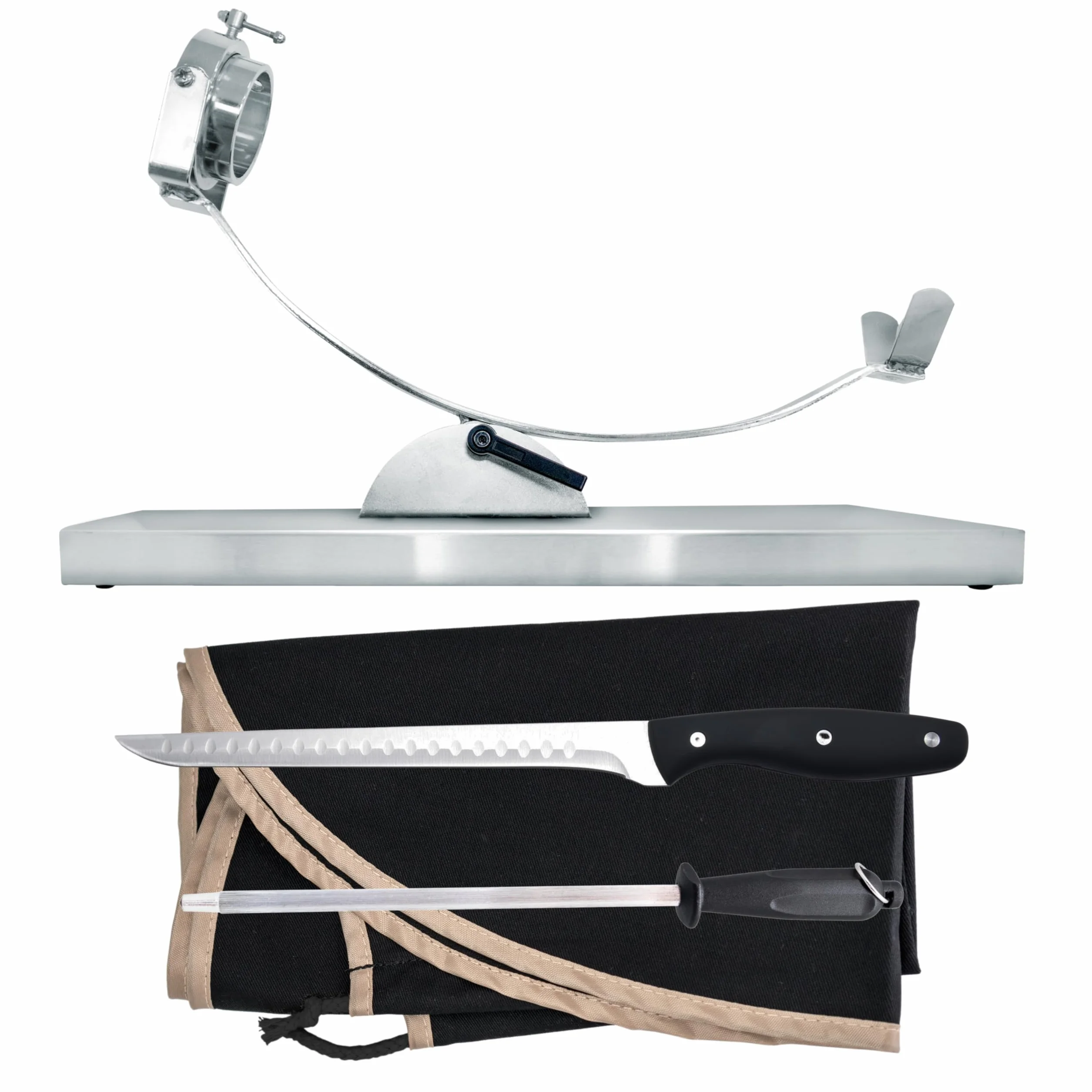 Nerthus FIJ 1449 set jamonero basculante con cabezal giratorio con base de acero inoxidable cubre jamón negro afilador manual y cuchillo jamonero