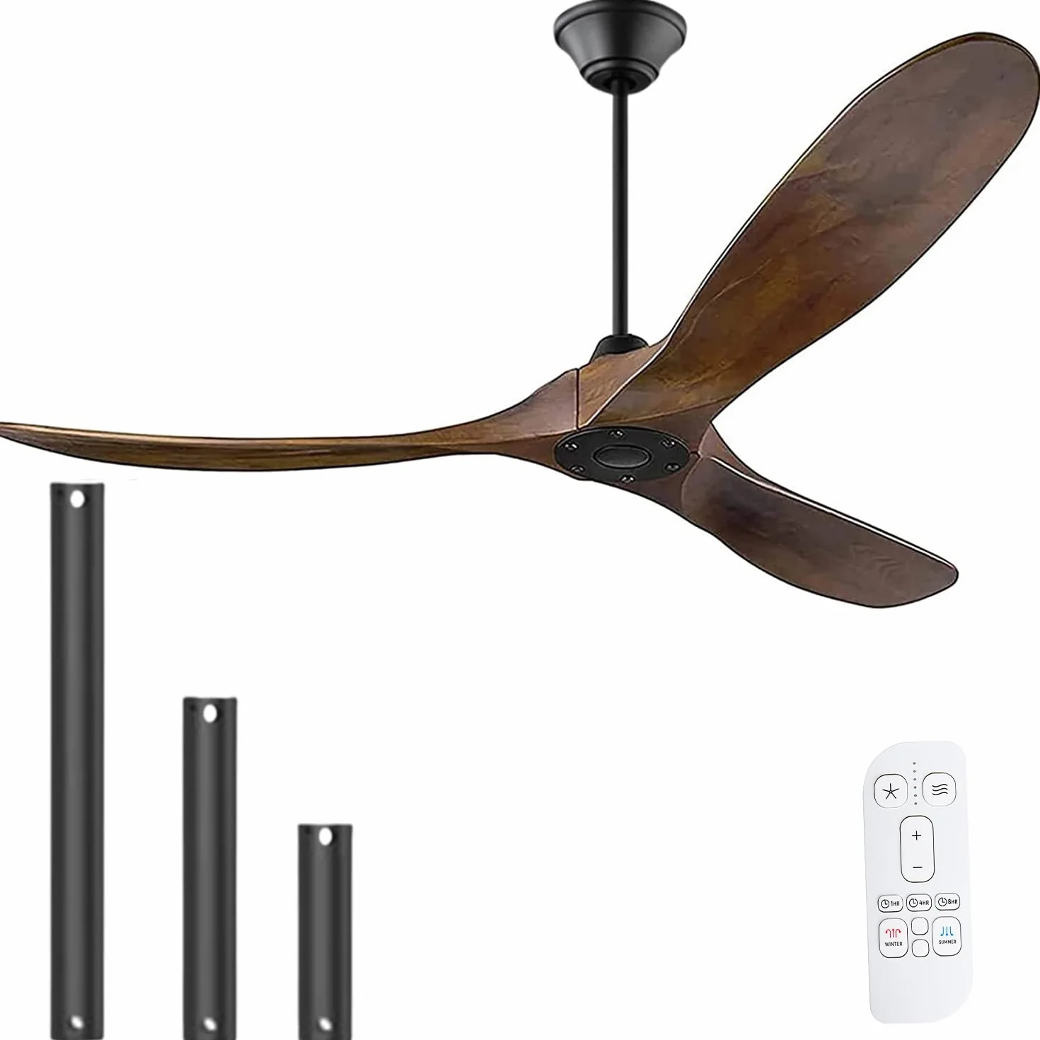 Ventilador de techo de 3 aspas con mando a distancia/Funciones Verano Invierno, Silencioso/Temporizador 1/4/8h/ Función Memoria (Ventilador de techo nogal sin luz, 152CM)