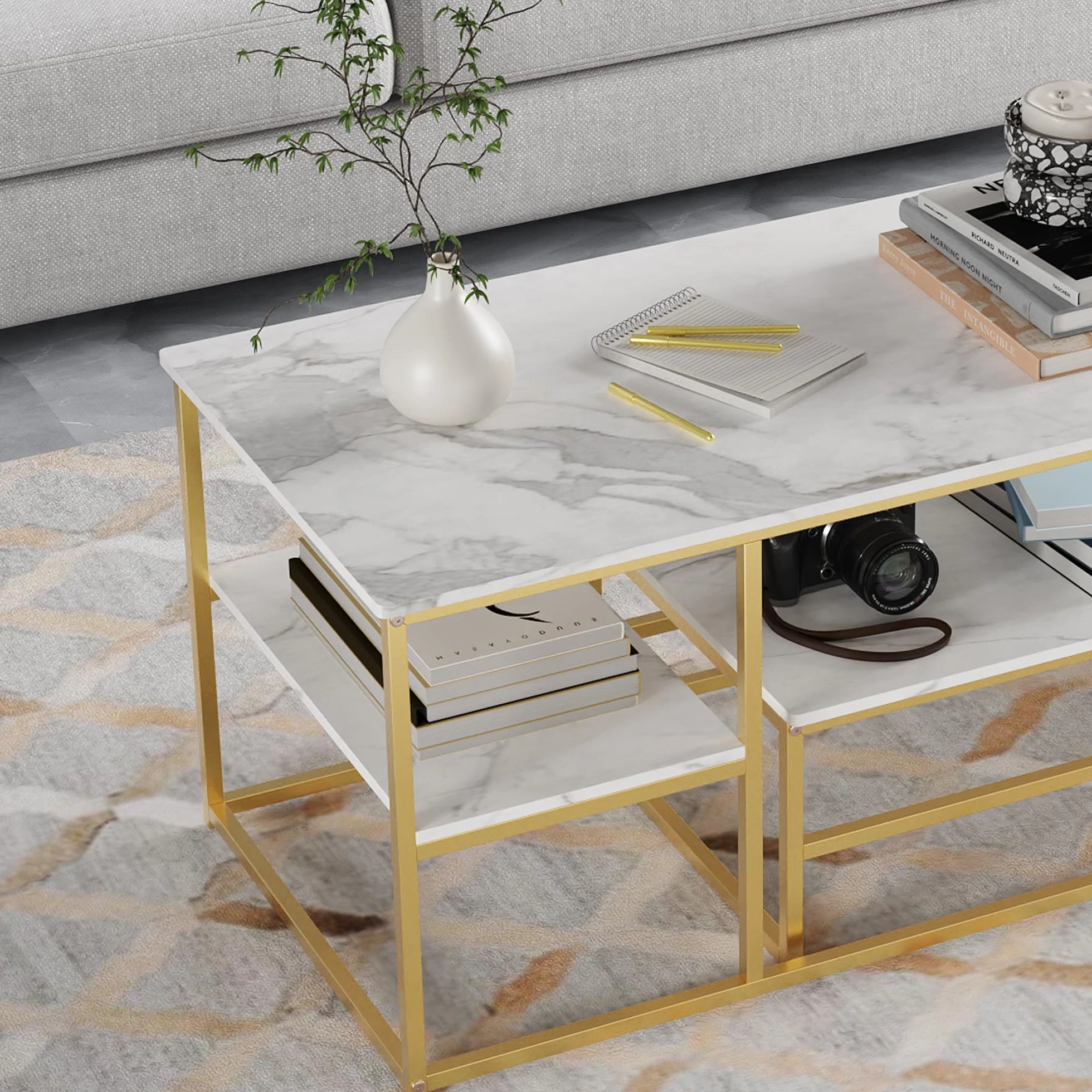 Juego de 2 Mesas de Salón Rectángulo: Mesa Centro + Auxiliar - Mesa de Café Anidables con Estructura Metal para Sala de Estar,Modernas,Blanco Dorado