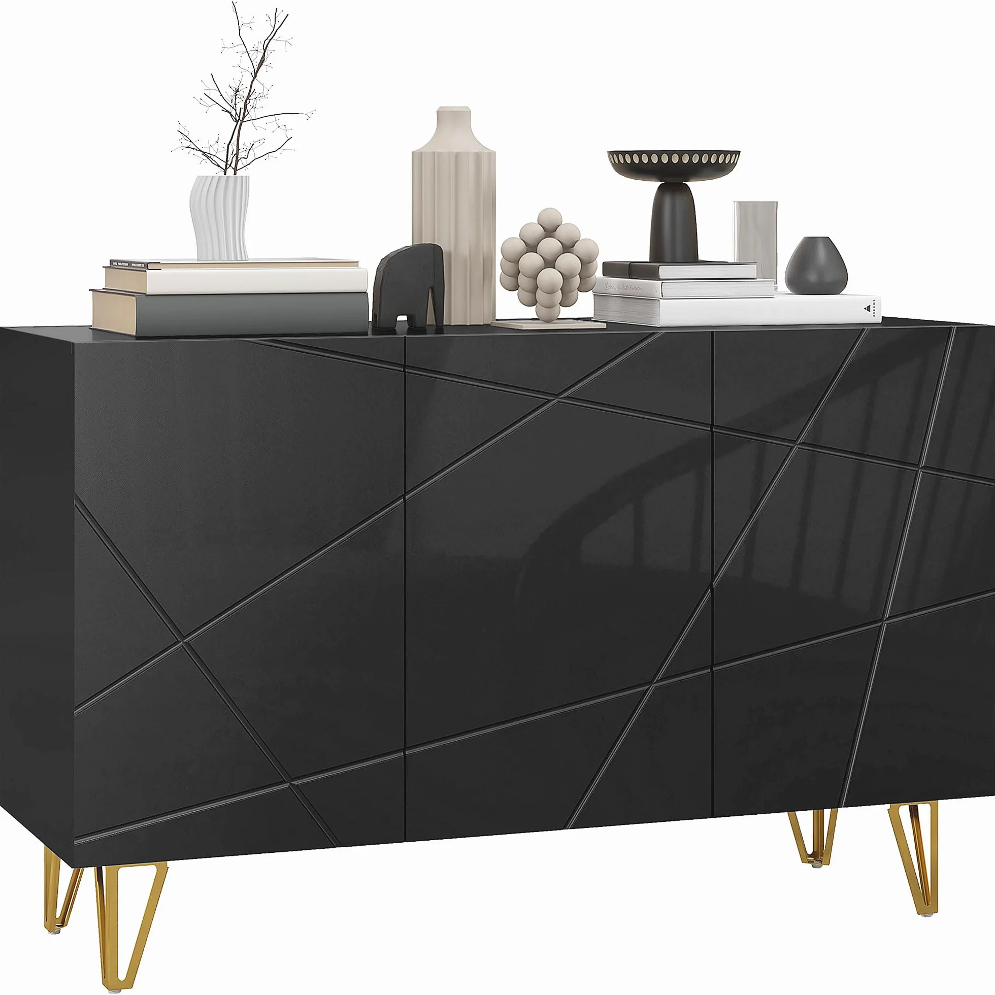 HOMCOM Aparador para Salón Aparador de Entrada con 3 Puertas y Estantes Ajustables Armario de Almacenamiento para Cocina Sala 120x40x75 cm Negro Brillo