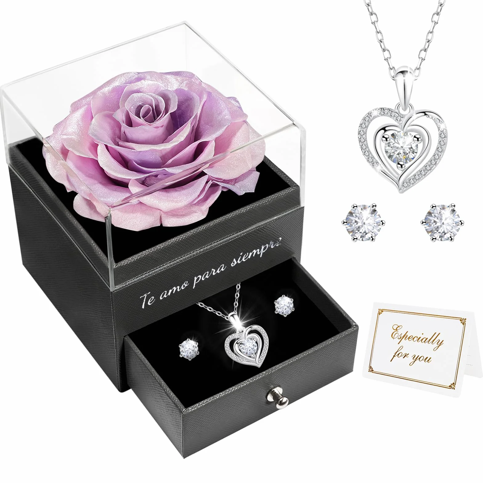 Miofula Flores Preservadas Caja de Regalo con Collar y Aretes para Mujer
