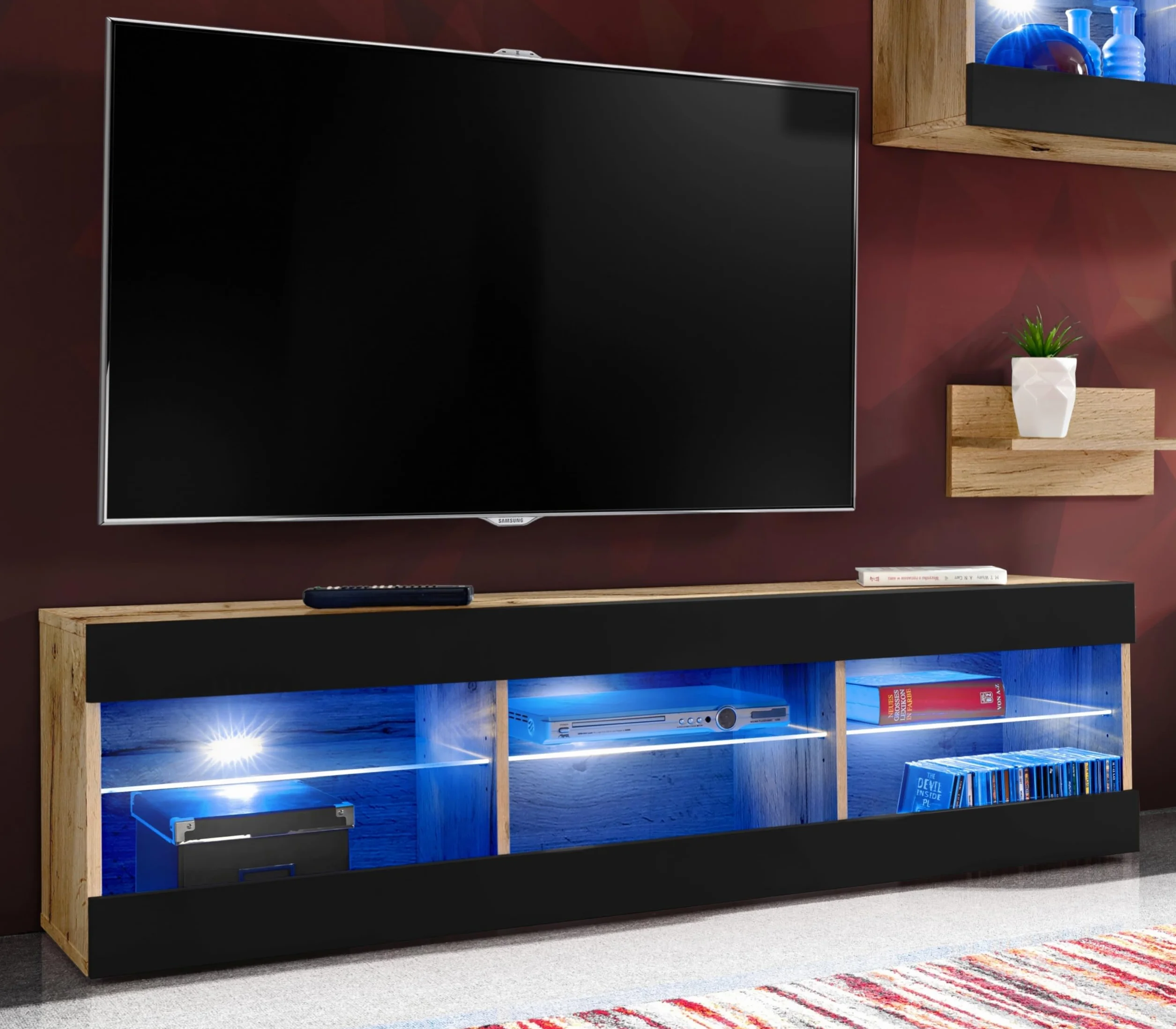 Komodee, Juego de Muebles Tivoli Grande, Negro Wotan, Ancho 290 cm x Alto 159 cm x Fondo 35 cm, LED Azul, para Sala, Dormitorio