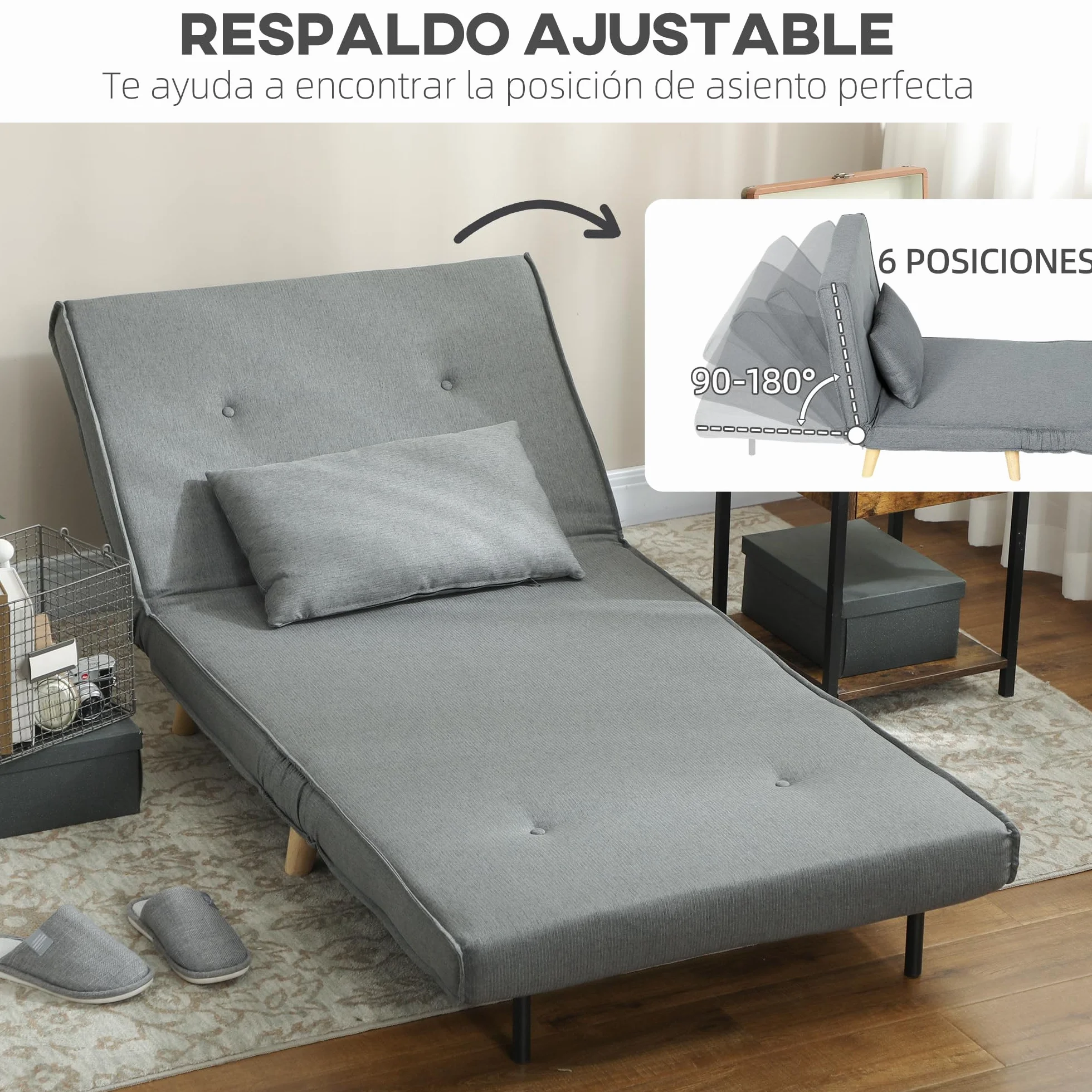 HOMCOM Sofá Cama de 1 Plaza 3 en 1, Sillón Cama Plegable Tapizado en Lino Sintético, con Respaldo Ajustable en 6 Niveles, Almohada, Asiento Ancho, Patas de Madera, 90x78x79 cm, Gris