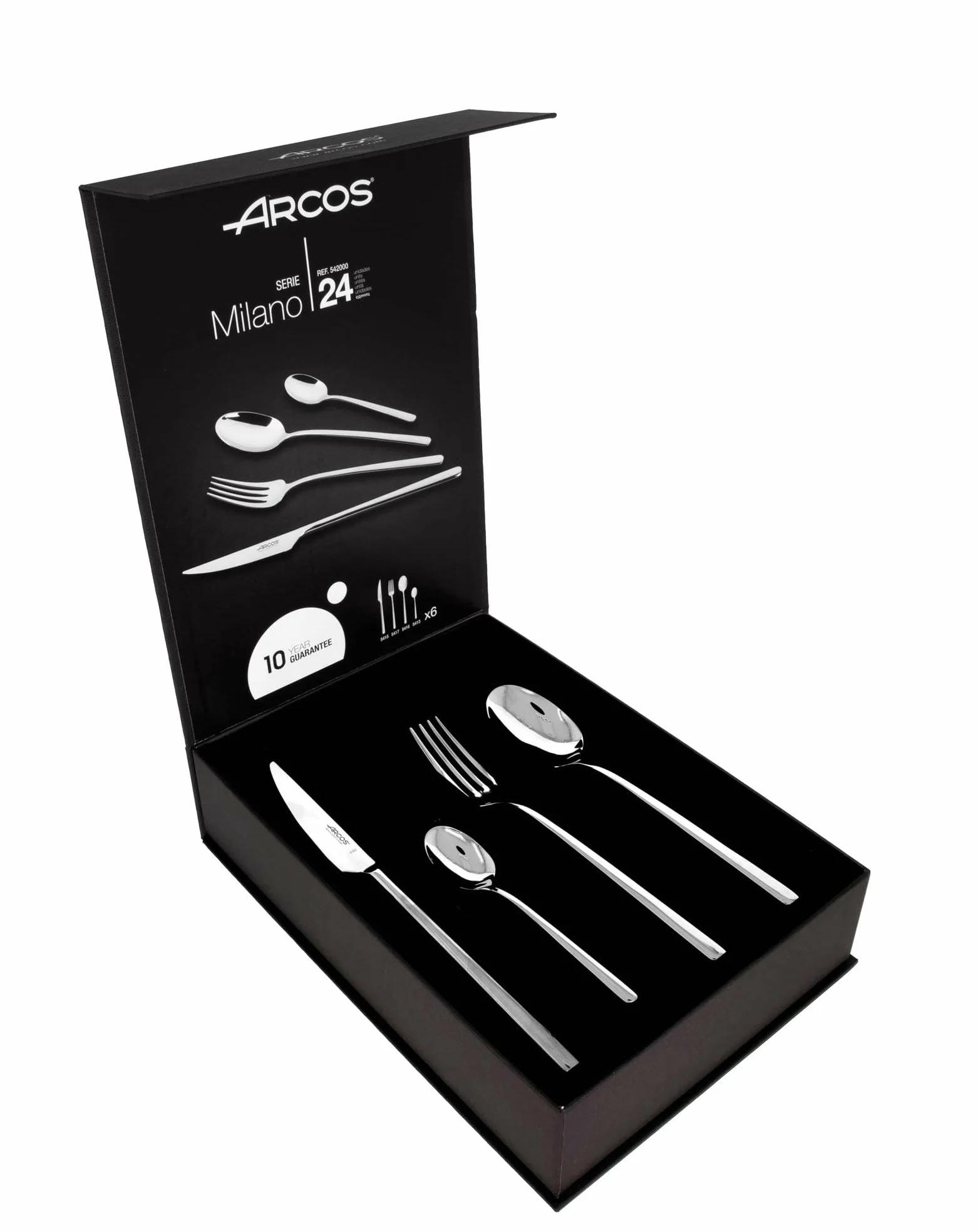 Arcos Serie Milano - Cubertería de 24 piezas en Caja de Regalo (6 Cuchillos + 12 Cucharas + 6 Tenedores) - Monoblock de una pieza en Acero Inoxidable - Color Plata