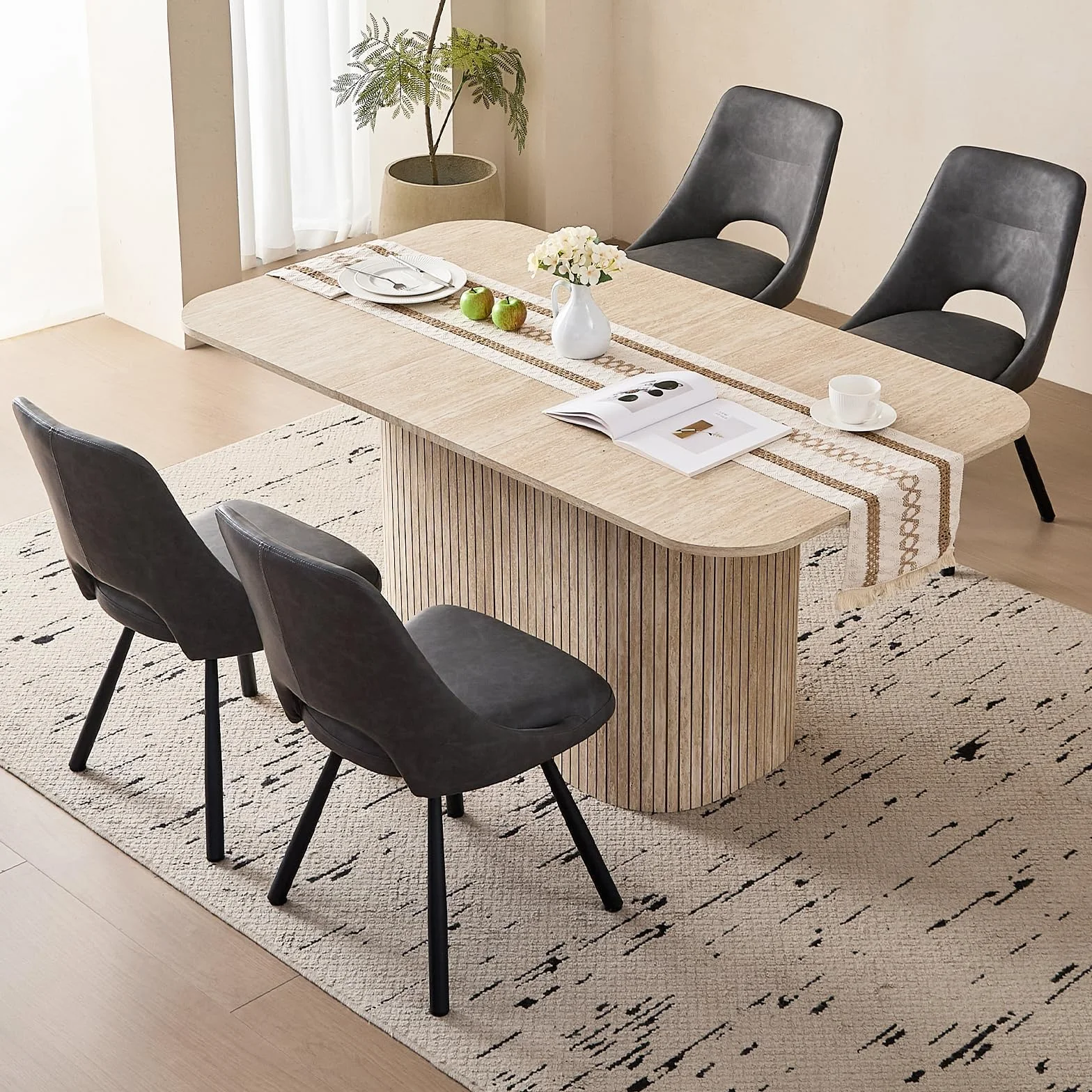 Mesa de Comedor Rectangular, Mesa de Cocina de 160 x 90 x 75 cm, con Capacidad para 4 a 6 Personas, Apta para Sala de Estar, Cocina y Comedor, Acabado en Travertino Amarillo