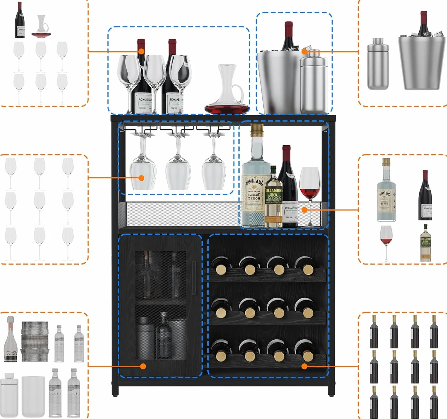Garvee Botellero Industrial con Estante Ajustable para Vino y Soporte para Copas, Armario para Bebidas para Cocina, Comedor, Salón, 70x35x92 cm, Negro