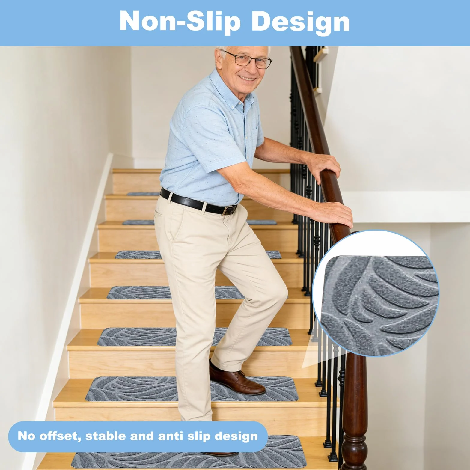 15 alfombrillas para escalones, 76 cm x 20 cm, autoadhesivas, para peldaños de madera, 100% poliéster TPE, para niños, ancianos y mascotas (gris claro)