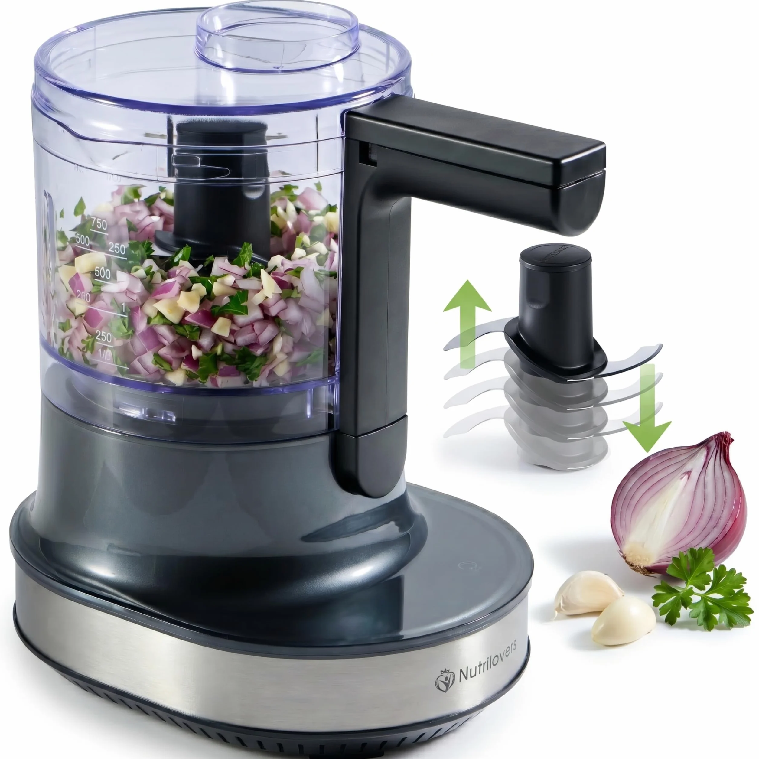 Multipicadora eléctrica 4D de Nutri-Chopper, picadora universal para nueces, cebollas, frutas y verduras, carne, función de cuchilla automática, recipiente de mezcla (500 ml), sin BPA