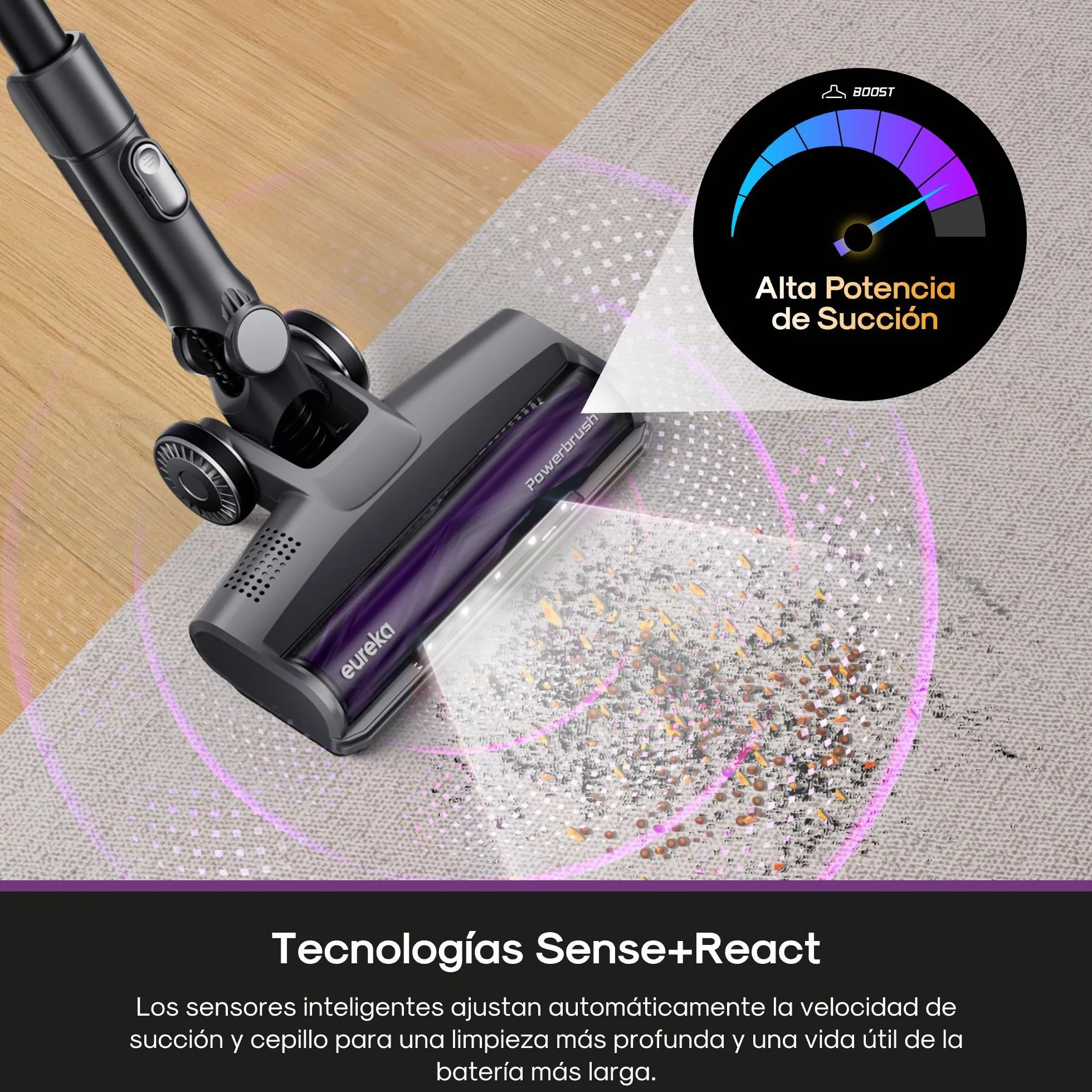 EUREKA ReactiSense 530 Escoba Aspiradora sin Cable 550W 38k Pa Aspirador Escoba Ligero con Tubo Plegable, Portatil y Versátil, 4 funciones en 1, Autonomía 60 min, Iluminación para Suelo Duro, Alfombra