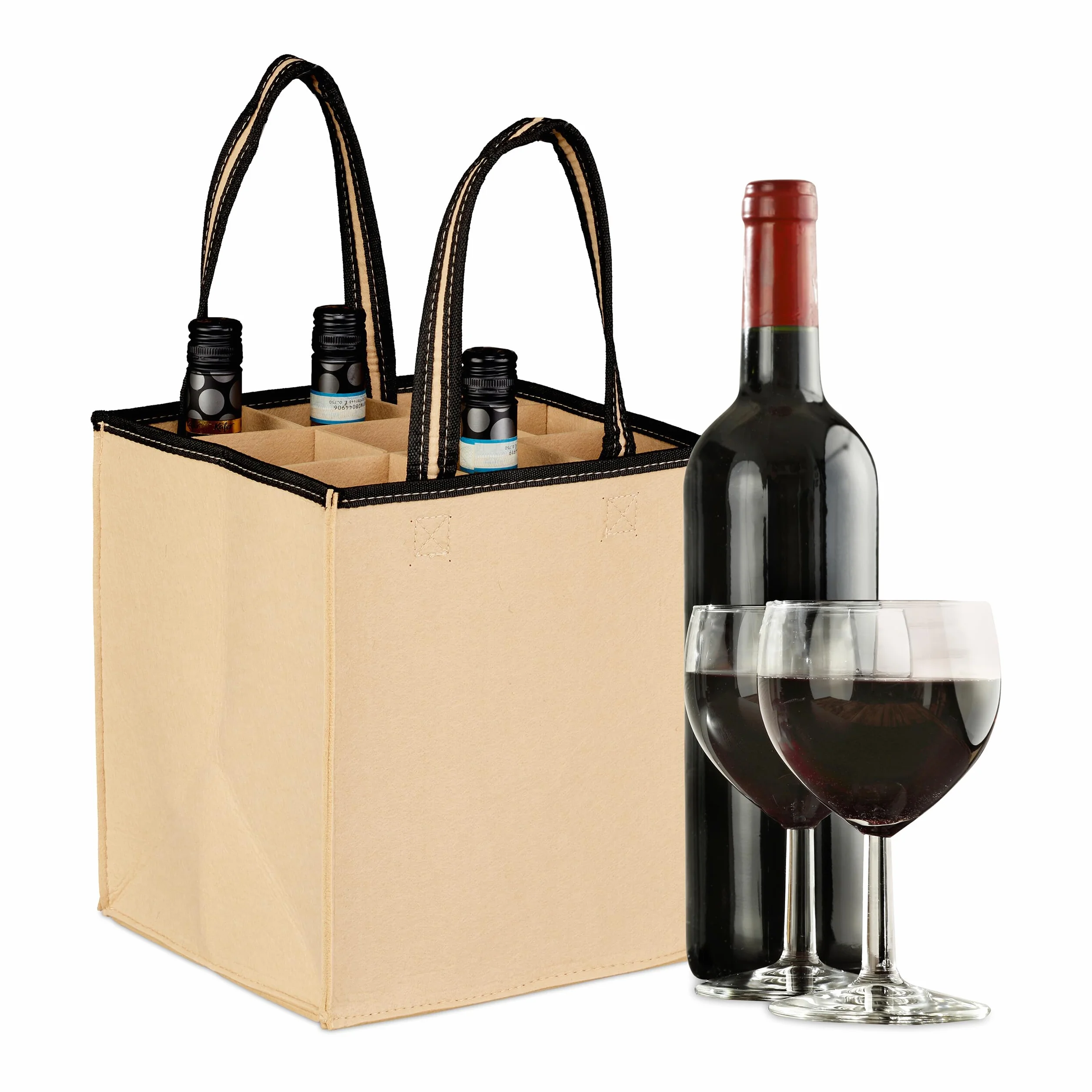 Relaxdays 9 Bolsas para 9 Botellas, Portabotellas de Fieltro, para Transportar la Compra, Cerveza, Agua, 45 x 24 x 24 cm, Beige